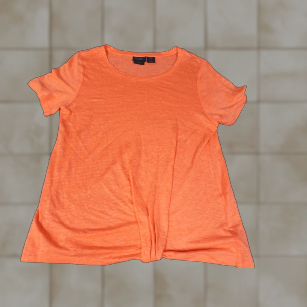 Vintage Rachel Womens Blouse Medium peach stretch linen Shirt Casual Short Sleeve Round Neck Pullover Linen Rayon Basic Style Rose Clothing Women M Orange Size M / US 6-8 / IT 42-44 - 1 Thumbnail