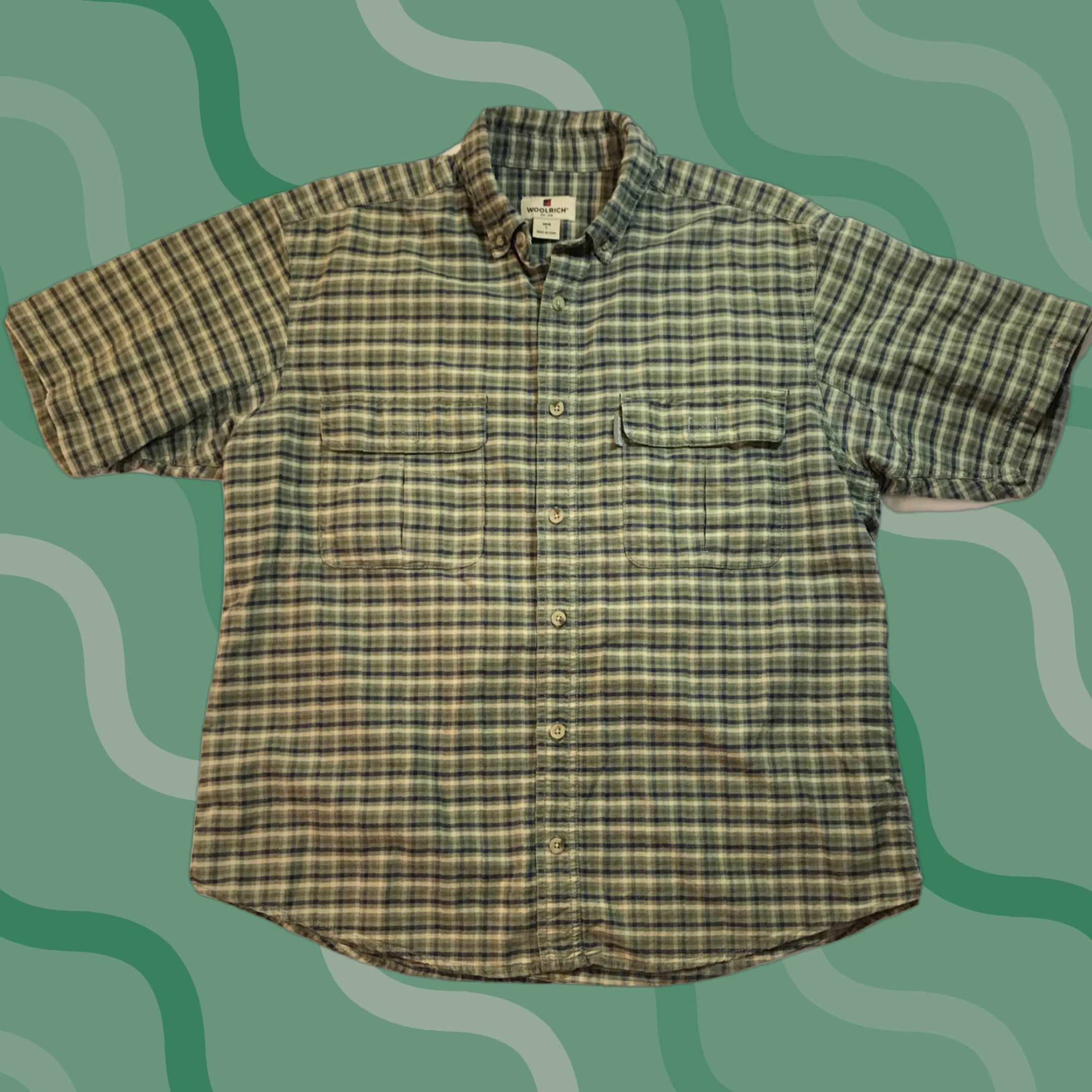 Vintage VINTAGE Woolrich Plaid Knit Short Sleeve Button-Up Shirt Adult Large Green Blue Tan 90s Outdoor Mens Size US L / EU 52-54 / 3 - 1 Thumbnail