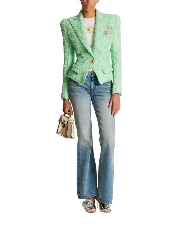 Balmain o1s1wg110825 Tweed Jacket in Green Size XL / US 12-14 / IT 48-50 - 4 Thumbnail