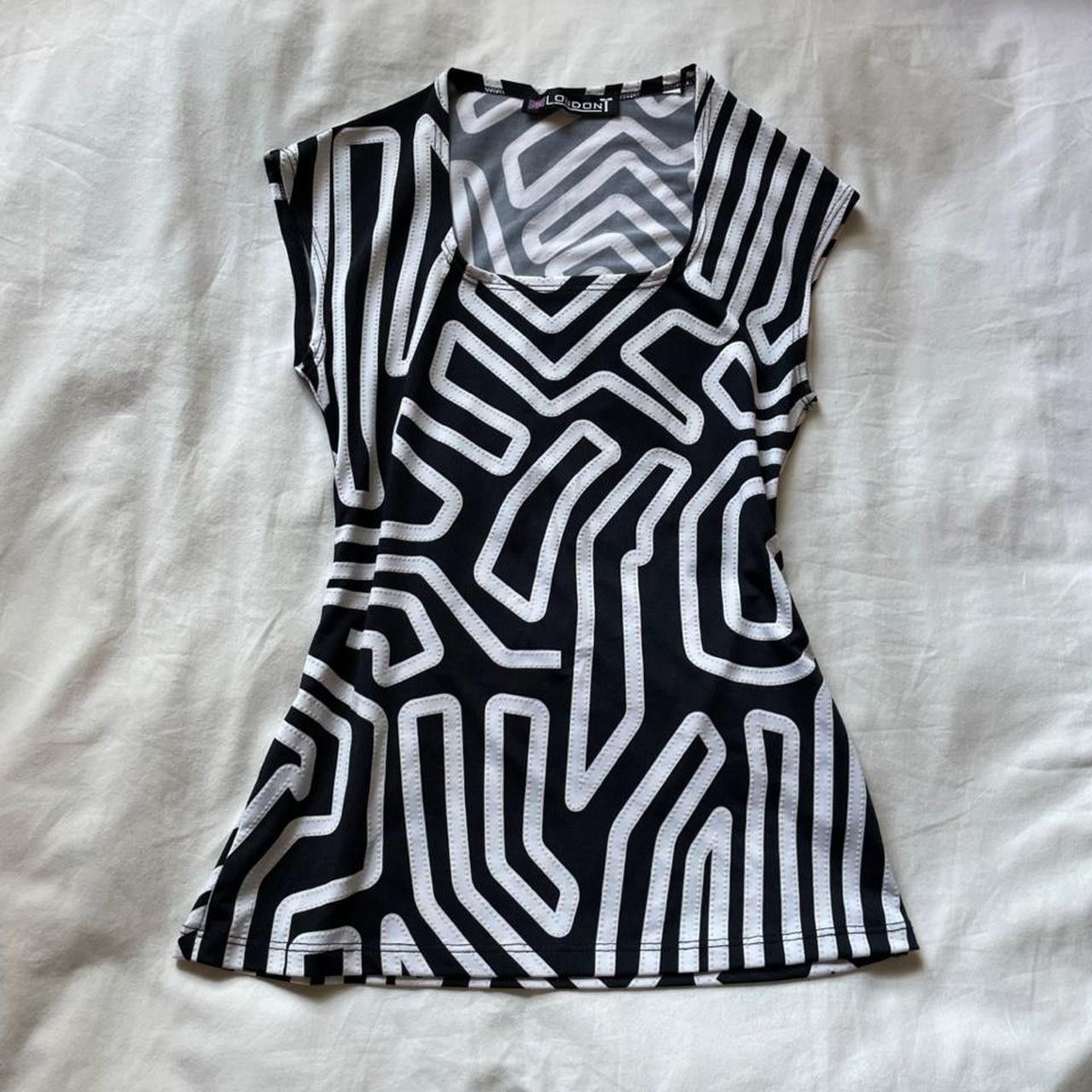 Vintage 2000s black and white geometric print square neck top Size S / US 4 / IT 40 - 3 Thumbnail