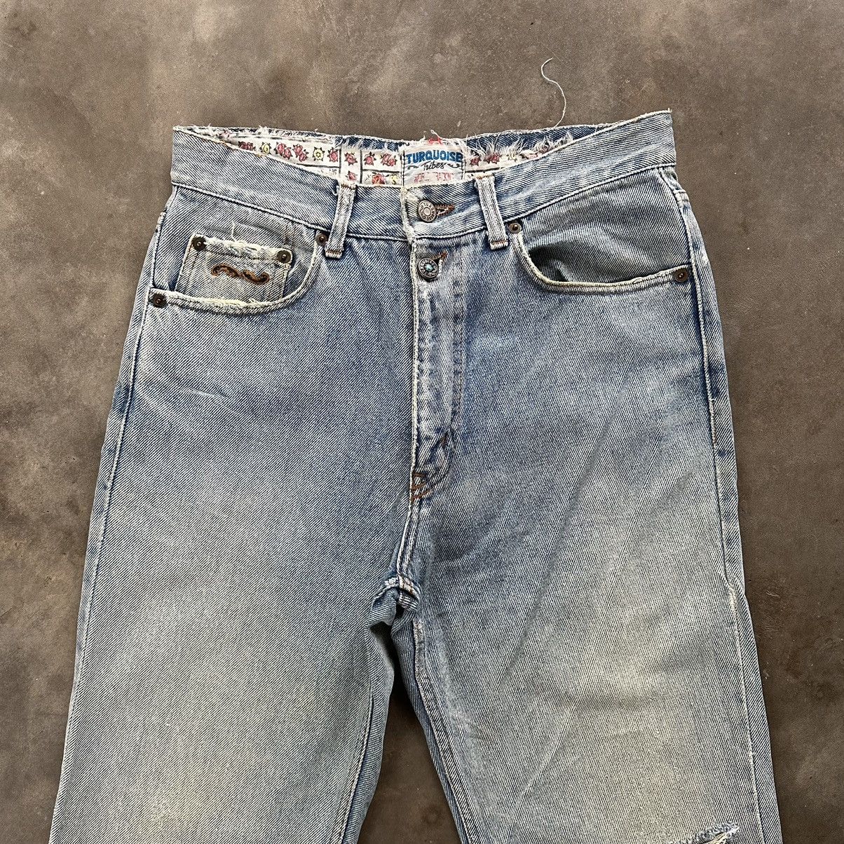 Japanese Brand W29 Vintage Turquoise Distressed Faded Denim Jean Pant Size US 29 - 3 Thumbnail