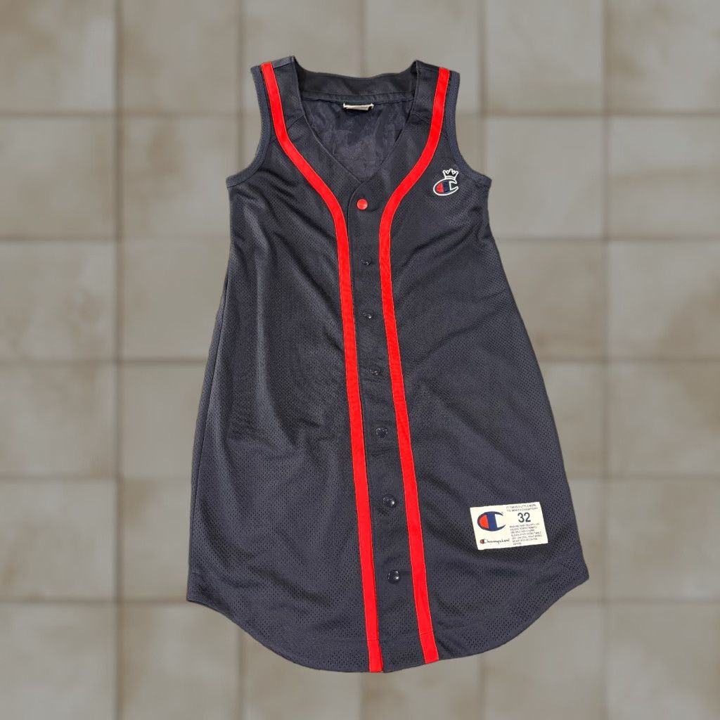 Champion blue sleeveless crown baseball dress womens xs snap logo jersey  puff sleeve knee length lined