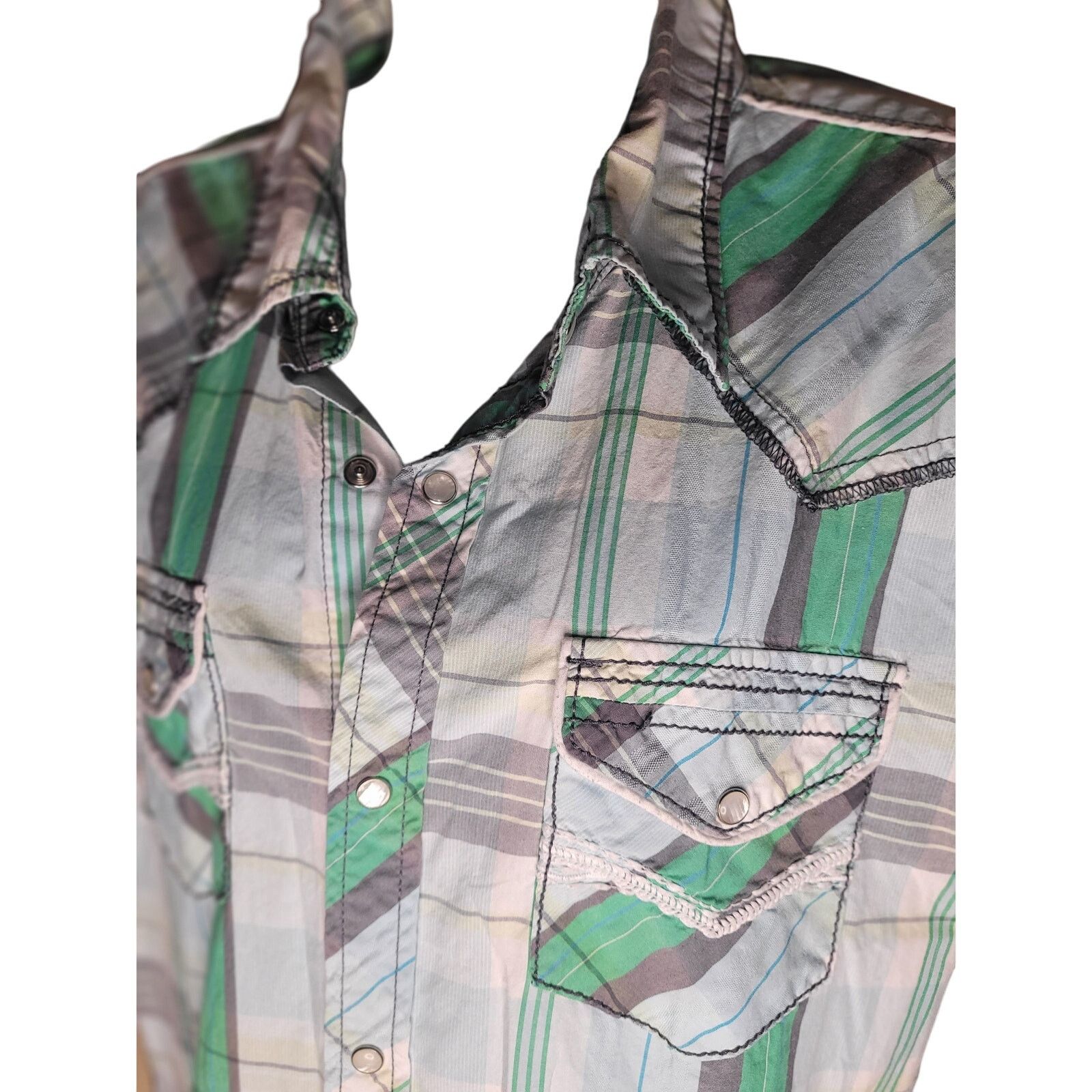 BKE BKE Mens Shirt Short Sleeve Green/Grey/White Pockets Sz XL Size US XL / EU 56 / 4 - 2 Thumbnail