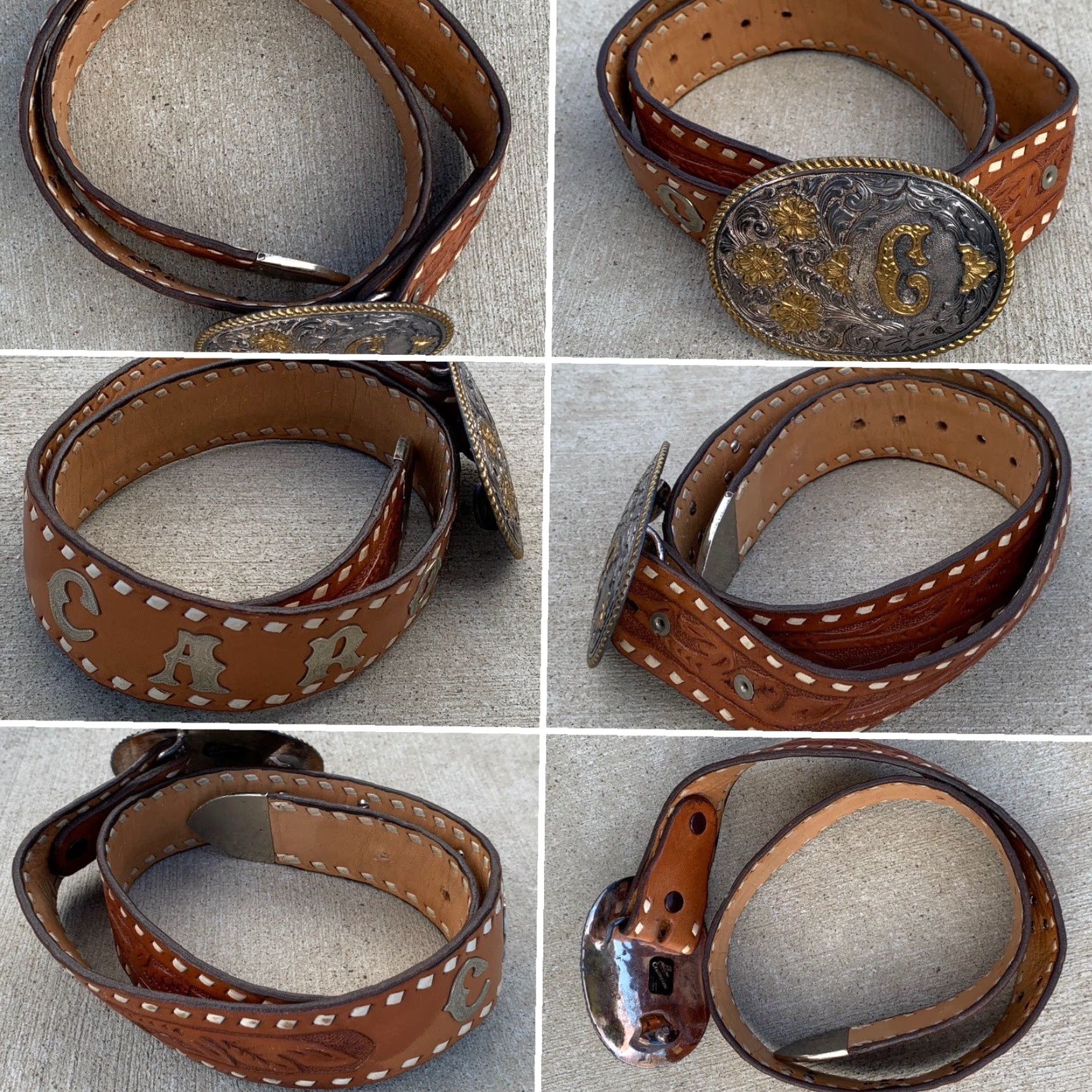 Vintage VINTAGE Tooled Leather Western Belt The Name Carol C Buckle El Arturo Crumrine Belt Size ONE SIZE - 6 Thumbnail