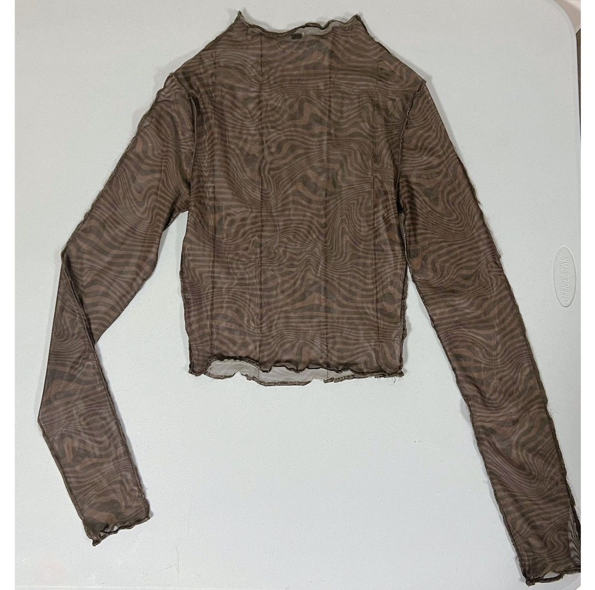 Japanese Brand Brown Groovy Abstract Mesh Mock-Neck Shirt Top Blouse XS 🤎✨ Size XS / US 0-2 / IT 36-38 - 2 Thumbnail