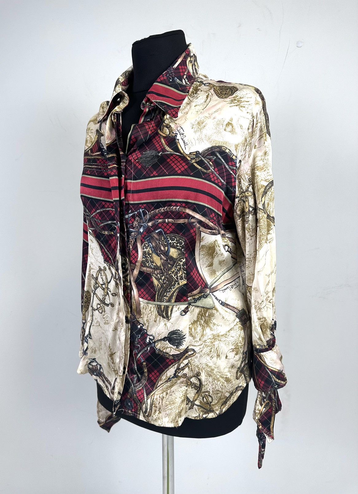 image of Designer Roberto Cavalli Silk 2/4 Sleeve Beige Light Buttoned Shirt, Women's (Size Large)