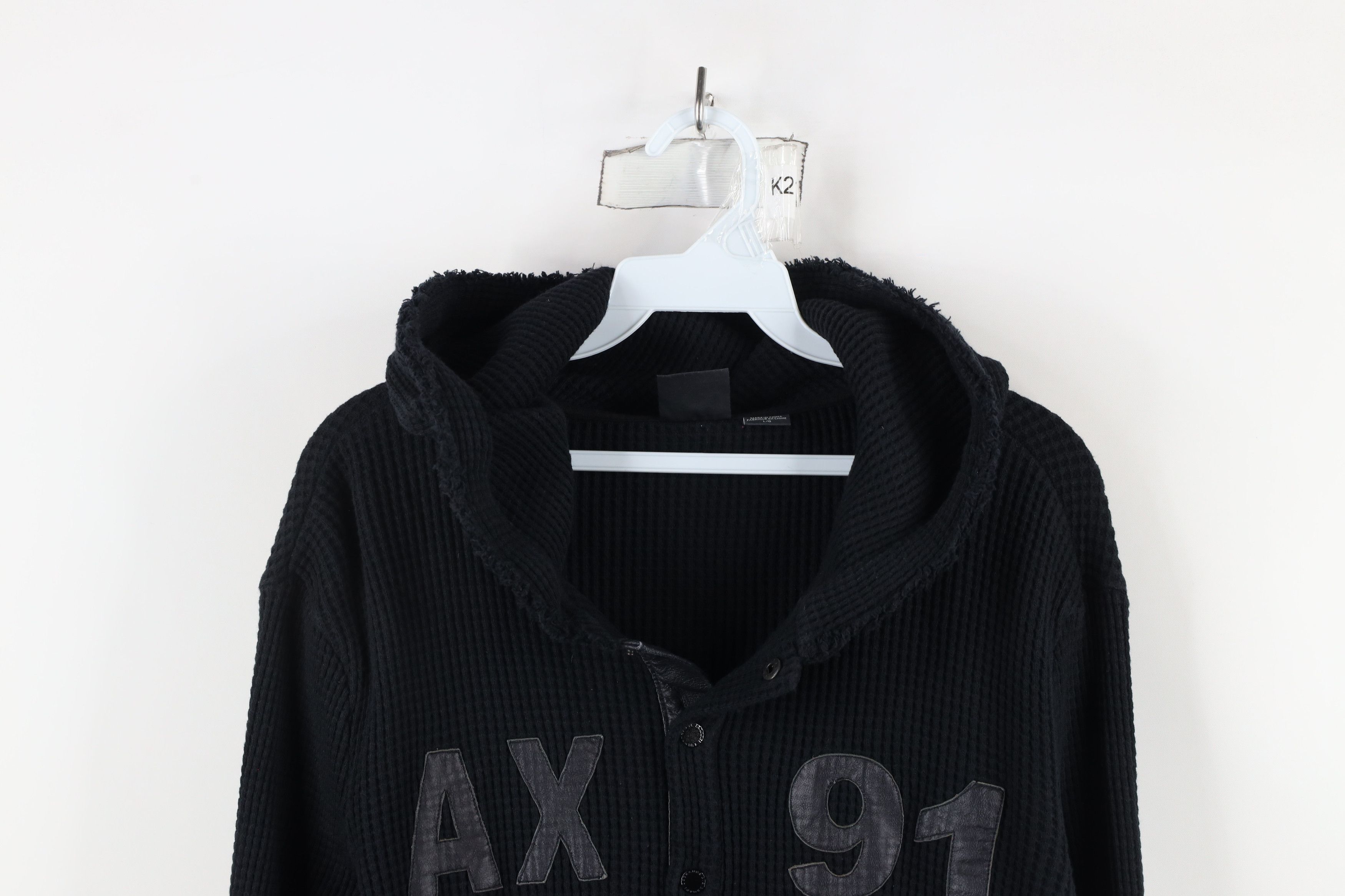 Armani Exchange × Vintage Armani Exchange Leather Trim Thermal Waffle Knit Hoodie Size US L / EU 52-54 / 3 - 2 Thumbnail