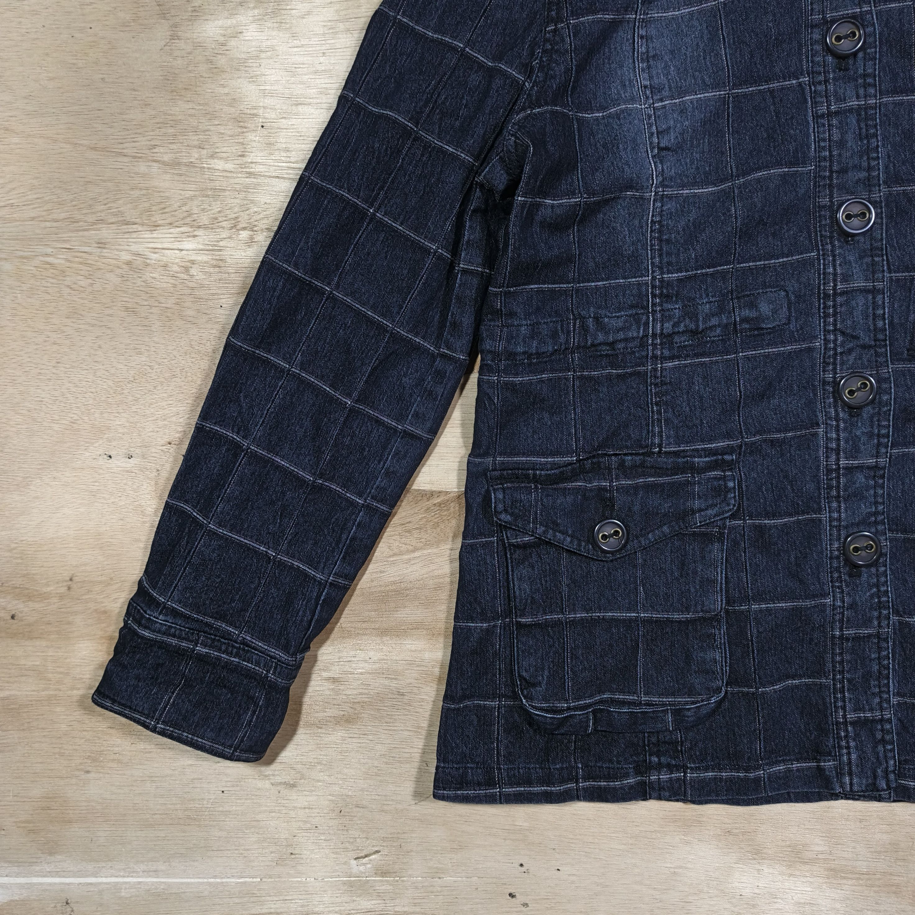 Japanese Brand Plymtone Mock Neck Quilted Grid Pattern Denim Jacket Size L / US 10 / IT 46 - 3 Thumbnail