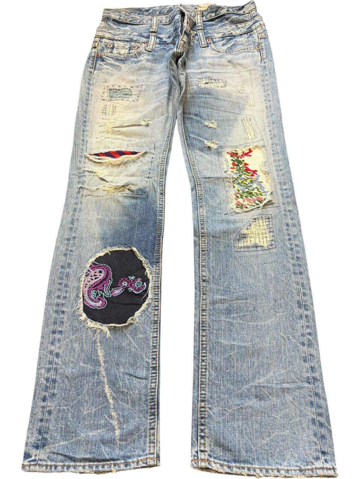 Kapital Vintage Antgauge Double Waist Patch Sashiko Distress Jeans Size 30" / US 8 / IT 44 - 1 Thumbnail