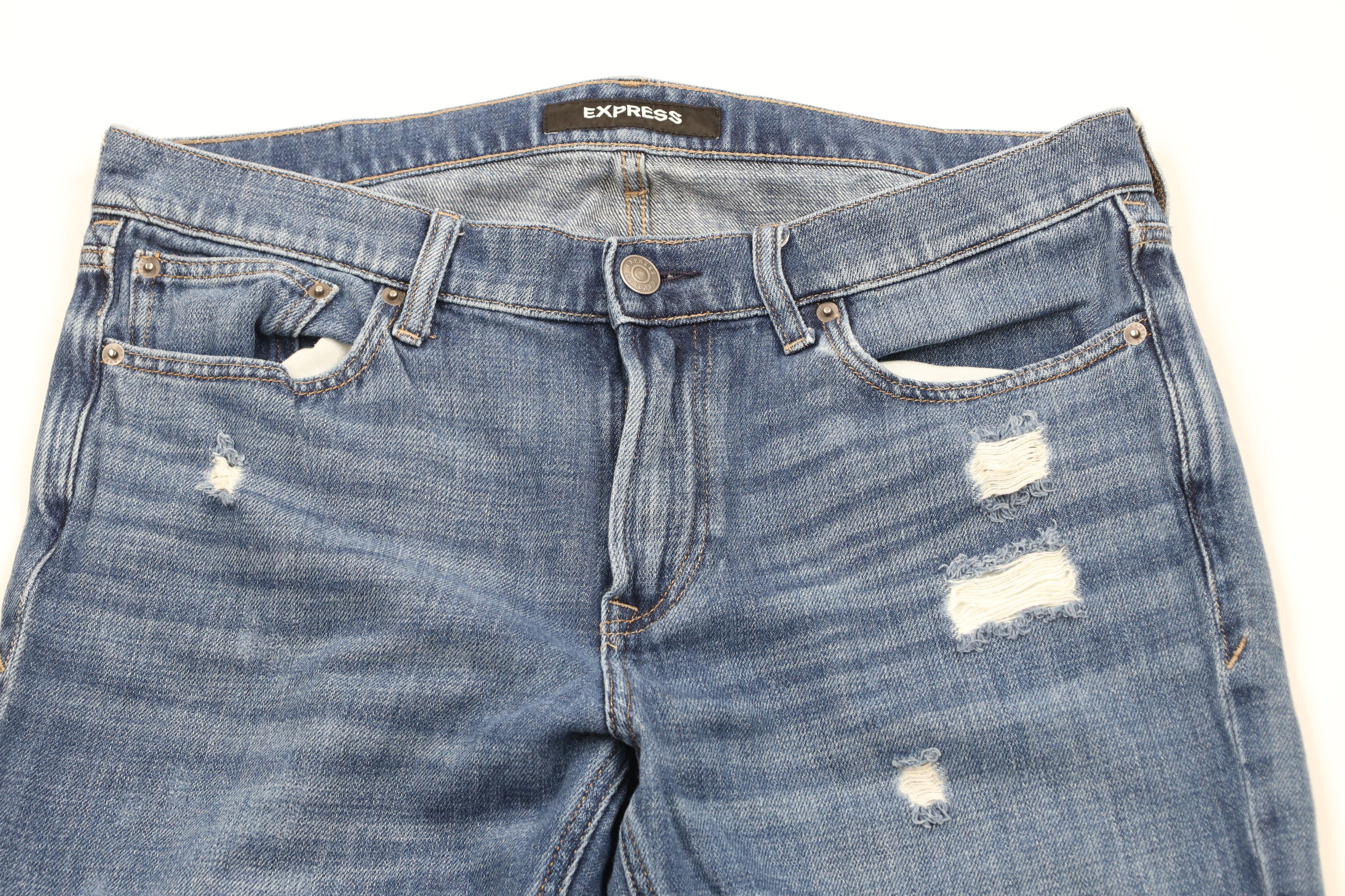 Express × Vintage Express Ripped Slim Fit Straight Leg Denim Jeans Blue Size US 34 / EU 50 - 2 Thumbnail