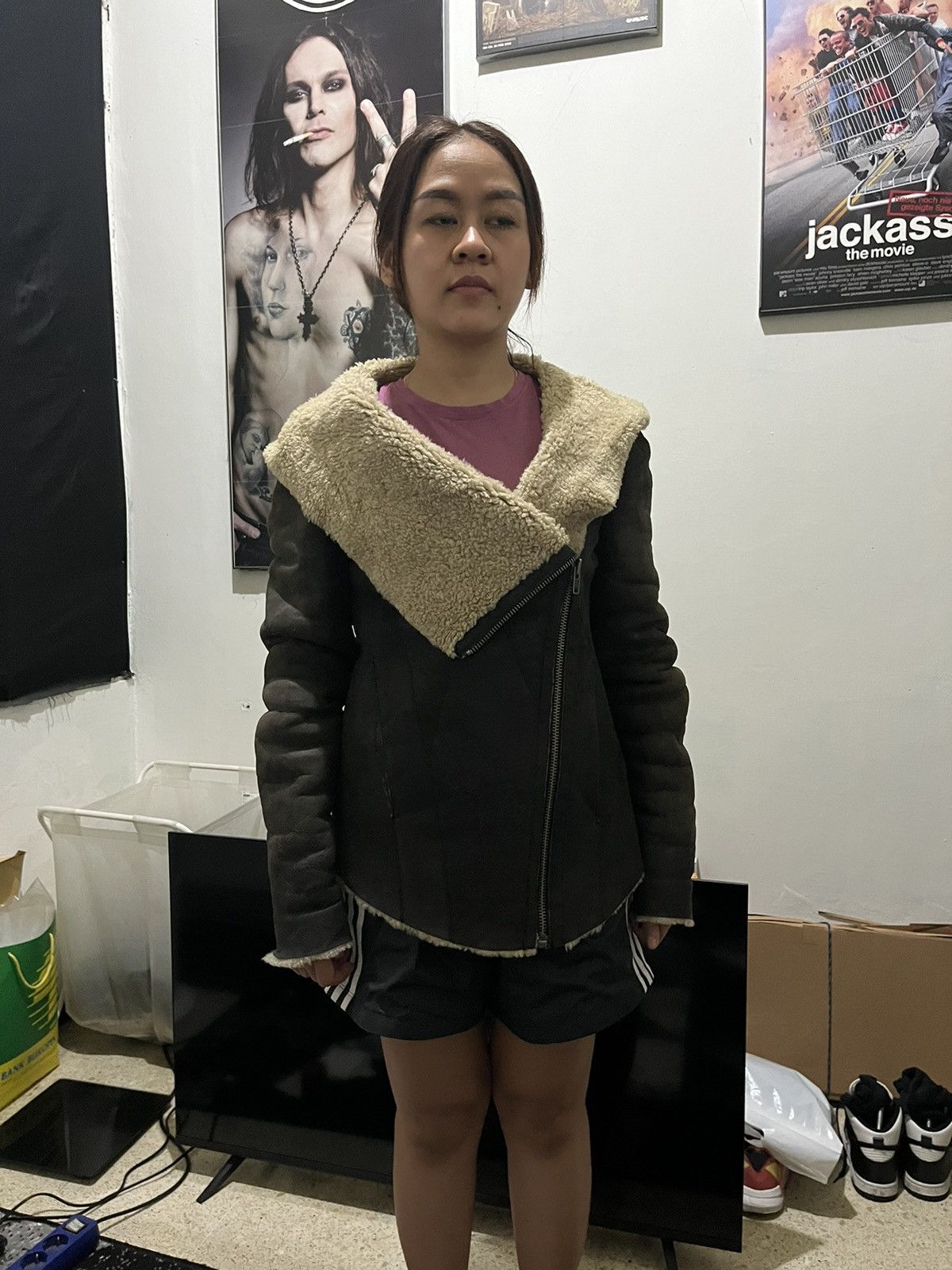 Helmut lang asymmetric hooded shearling leather jacket