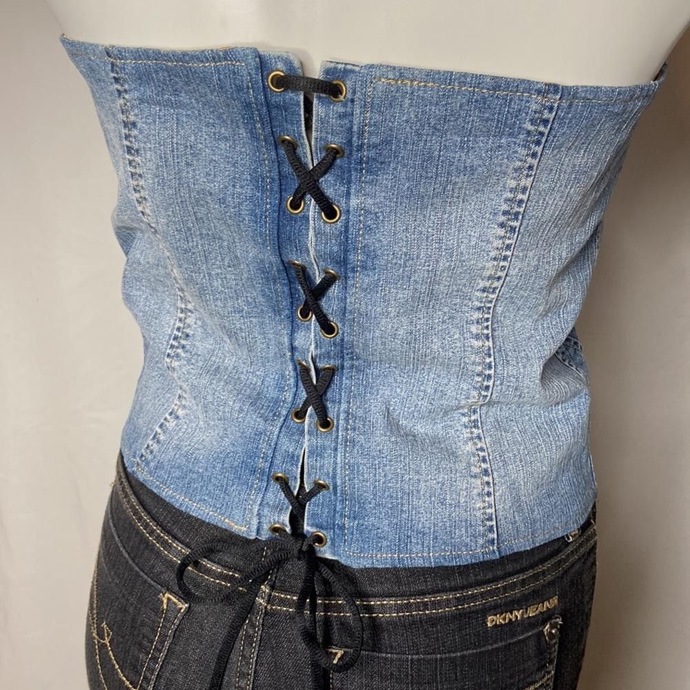 Designer Retro Denim Lace-Up Corset w/ Hook and Eye Front Closure, L Size L / US 10 / IT 46 - 6 Thumbnail