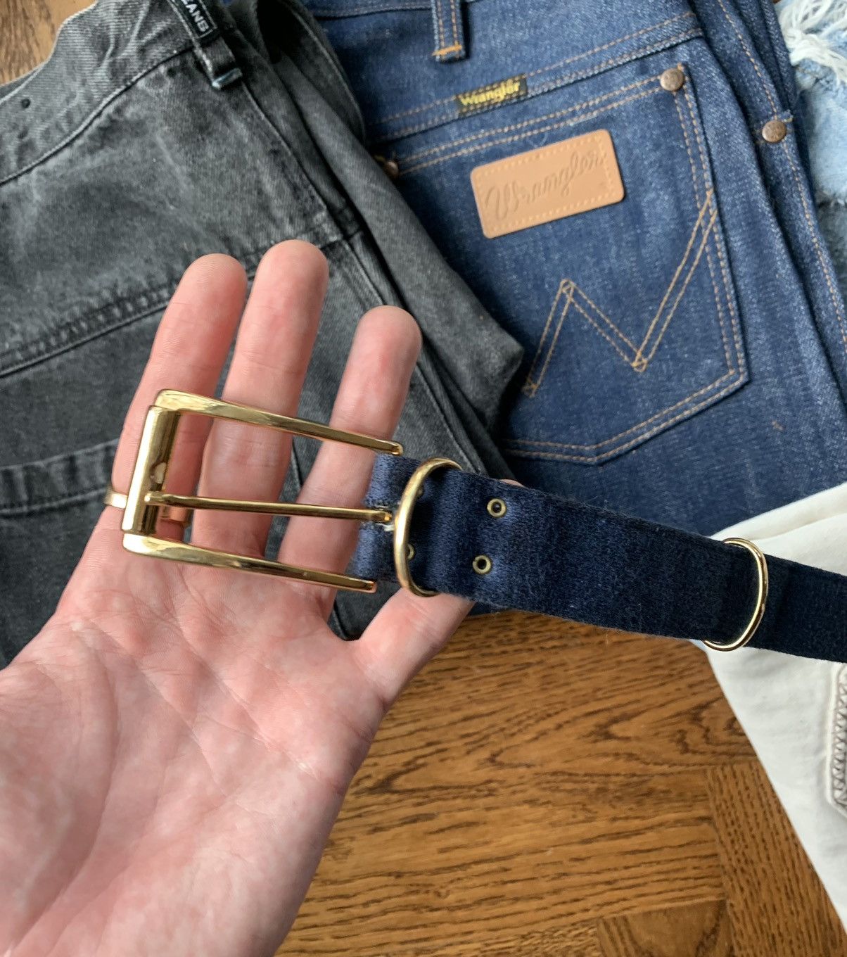 Vintage 1970s Belt 80s Vintage Waist Blue Fabric Gold Brass Buckle M Size ONE SIZE - 3 Thumbnail