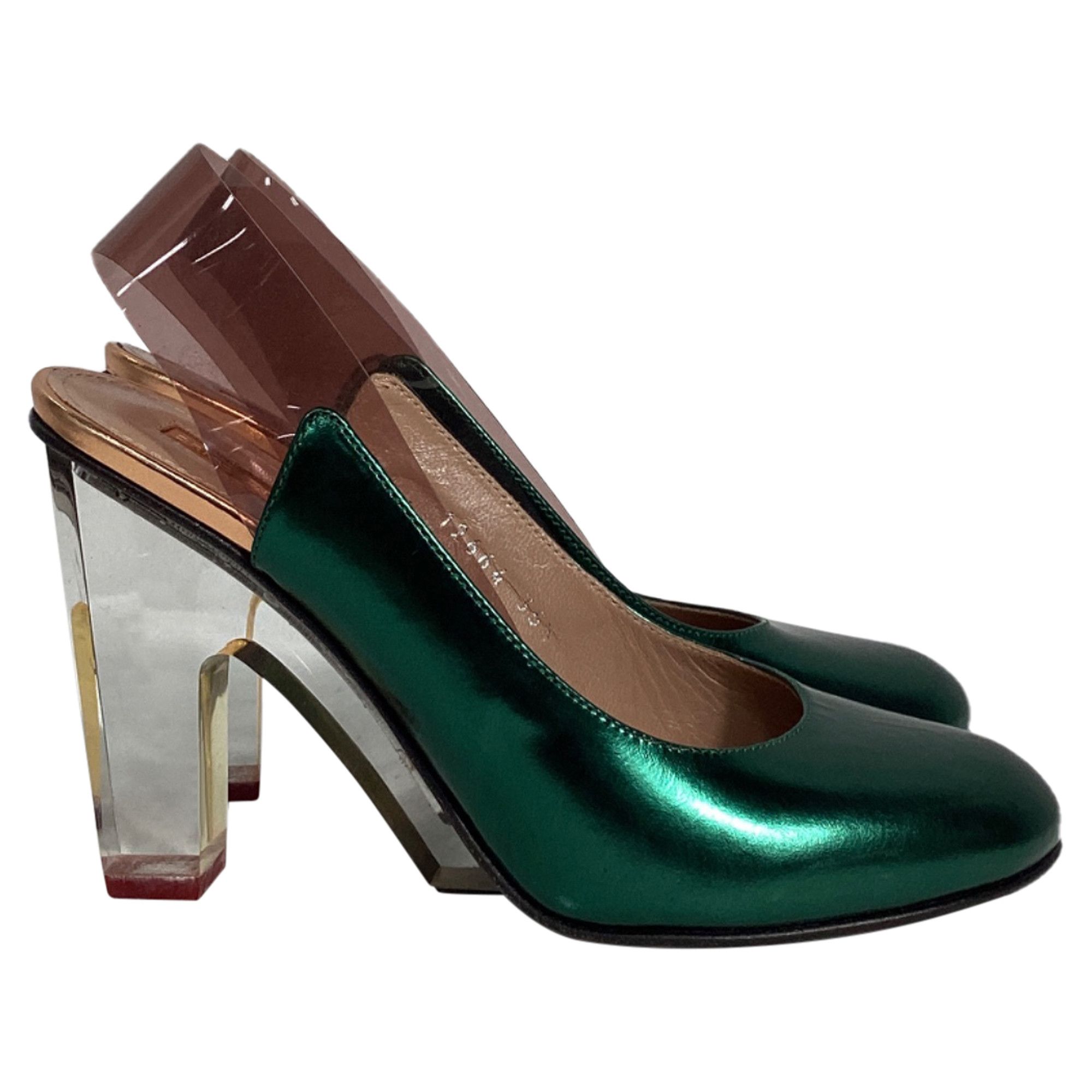 Dries Van Noten Dries Van Noten Metallic Clear Heel Pumps in Green Leather Size US 5.5 / IT 35.5 - 1 Thumbnail