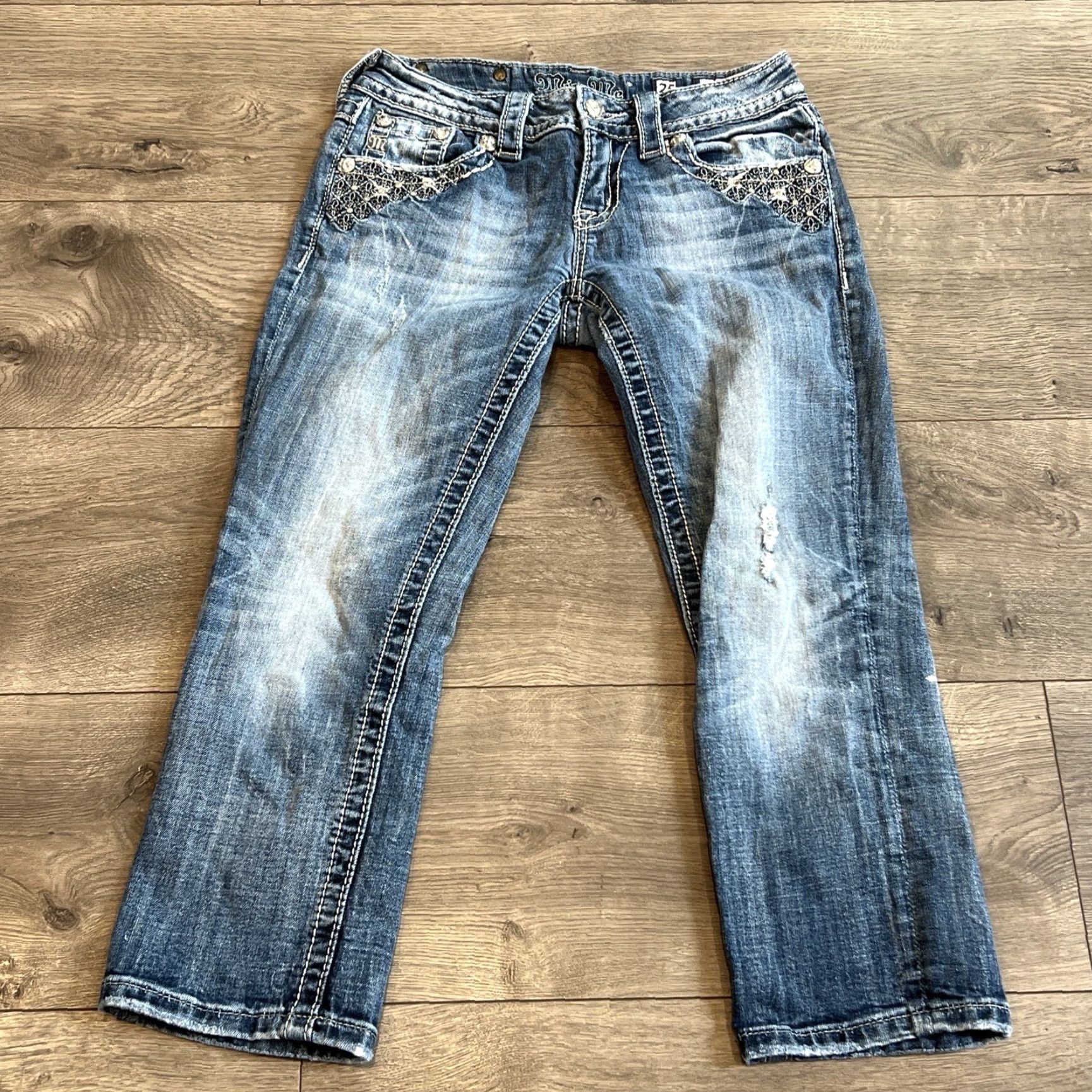 Miss Me Miss Me Cuffed Capri Jeans 25 Blue Denim Mid Rise Rhinestone Embellished Women Size 42" / US 20 - 4 Thumbnail