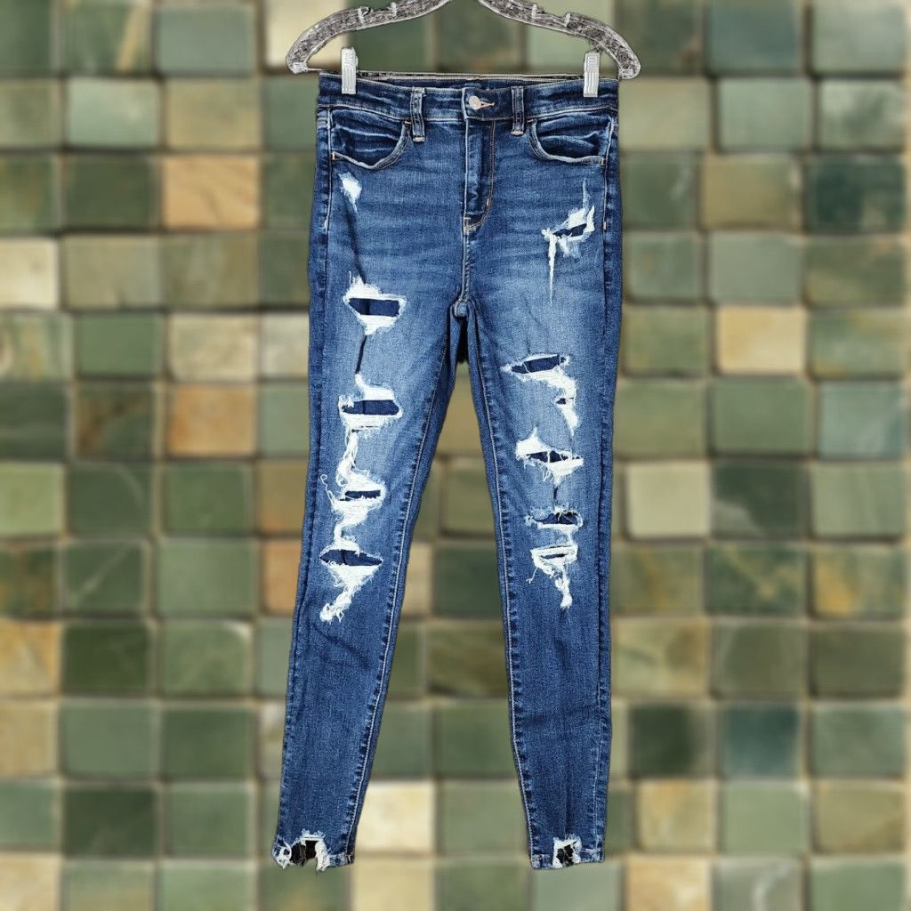 American Eagle Outfitters VINTAGE American Eagle Womens Jeggings Size 2 Blue High Rise Distressed Stretch Jeans Size 26" / US 2 / IT 38 - 1 Thumbnail