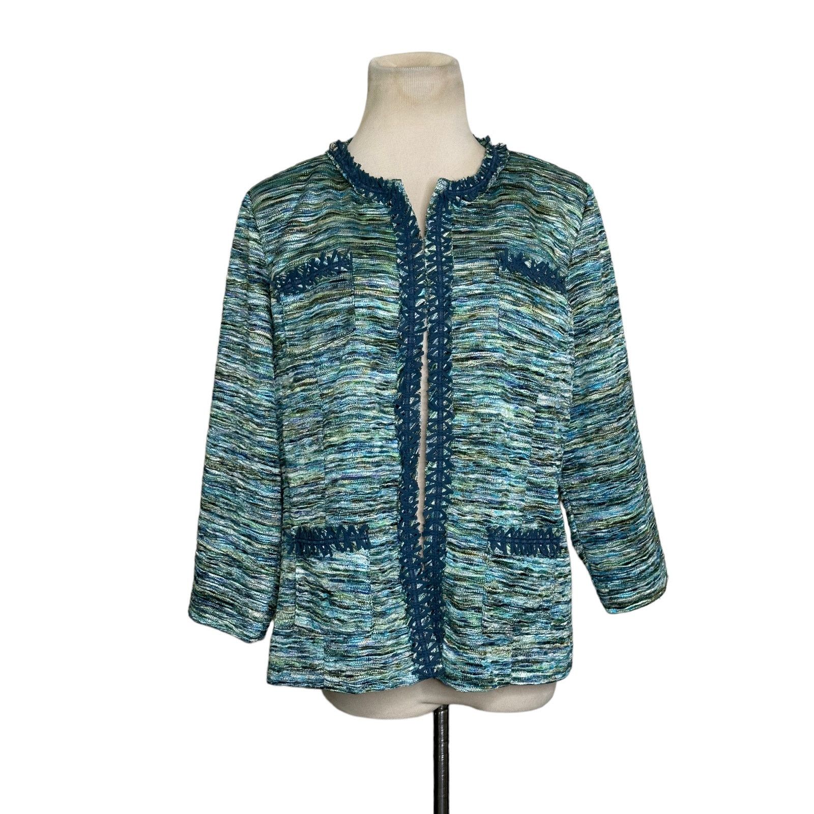 Chicos Chico's Green Tweet Pockets Fringe Trim Blazer Jacket size M Size M / US 6-8 / IT 42-44 - 1 Thumbnail