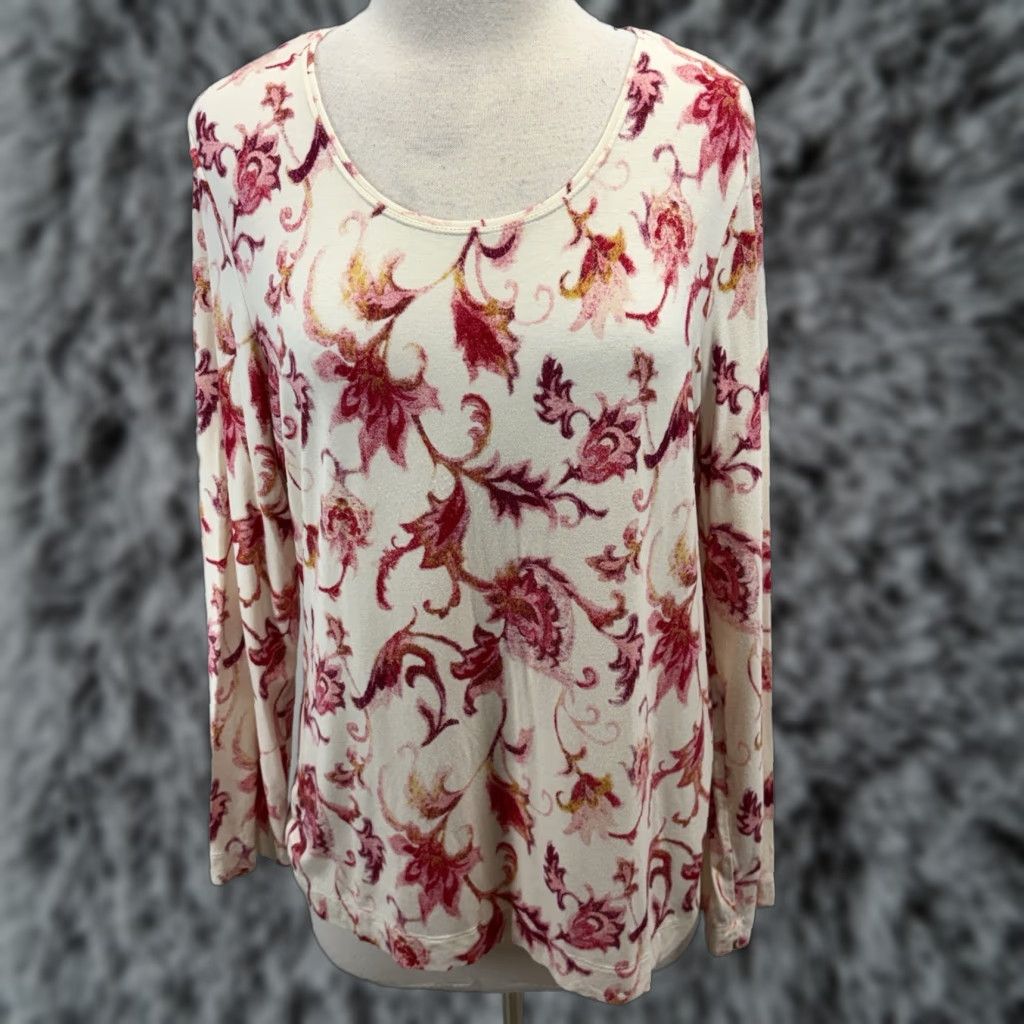 Vintage Chicos Shirt Women’s L White Pink Floral Stretch Comfort Long Sleeve Round Neck Pullover Basic T-Shirt Size L / US 10 / IT 46 - 1 Thumbnail