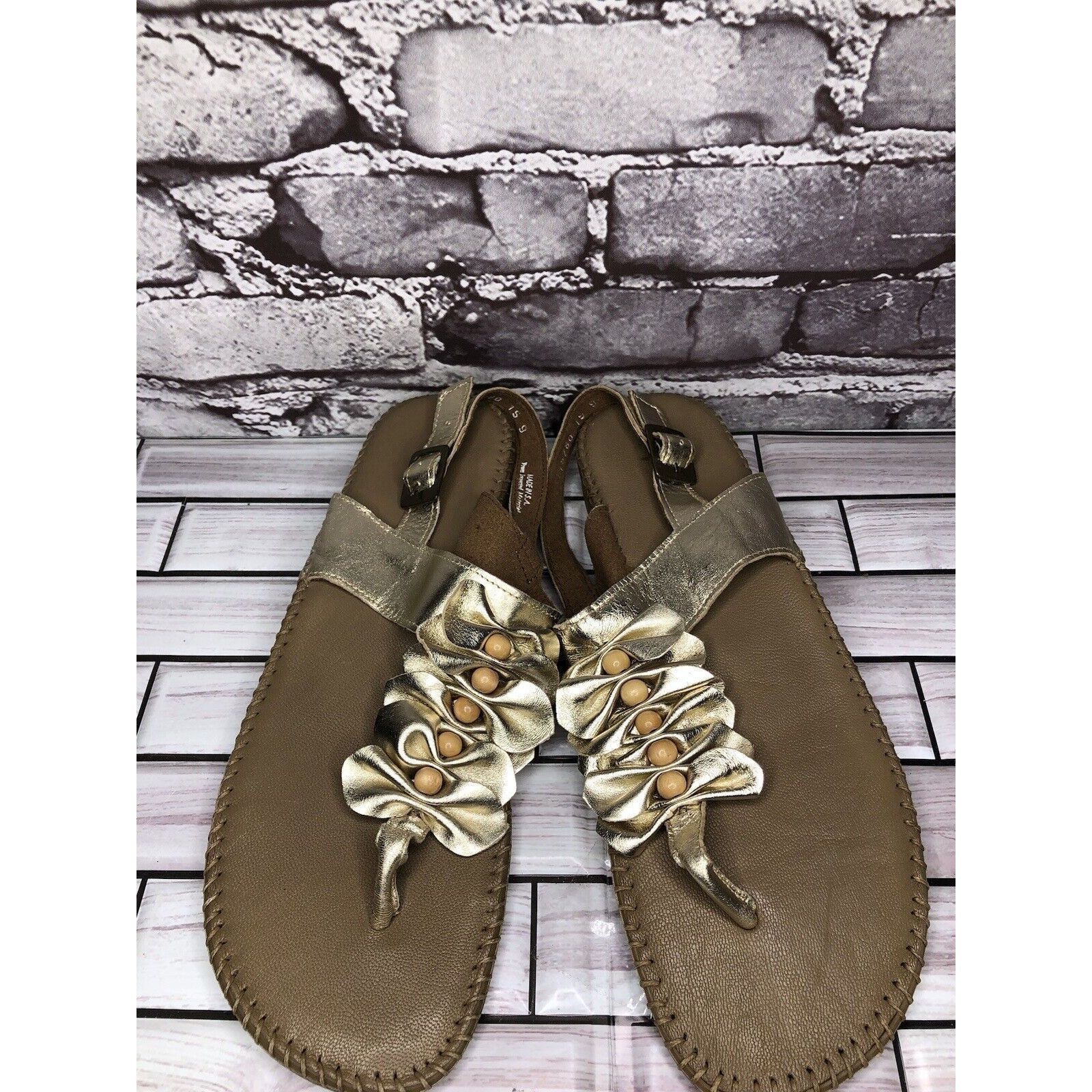 LITTLE AFRICA Soul of Africa Brown Leather Flower Ruffle Slingback Sandals Size US 11 / IT 41 - 20 Thumbnail