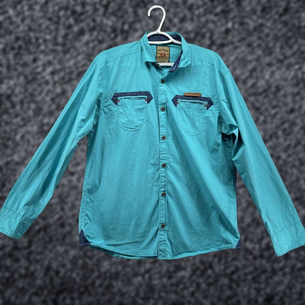 Denime Sixtynine Club Shirt Mens Large Turquoise Blue Long Sleeve Button Up Denim Trim Size US L / EU 52-54 / 3 - 1 Thumbnail