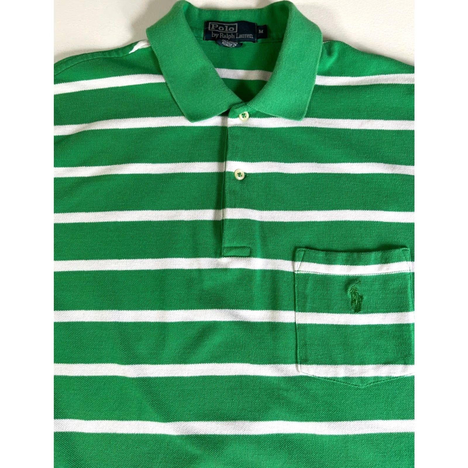 Polo Ralph Lauren VINTAGE Polo Ralph Lauren Mens Polo Shirt Striped Chest Pocket Sz M Green White Polo Shirt Size US M / EU 48-50 / 2 - 5 Thumbnail