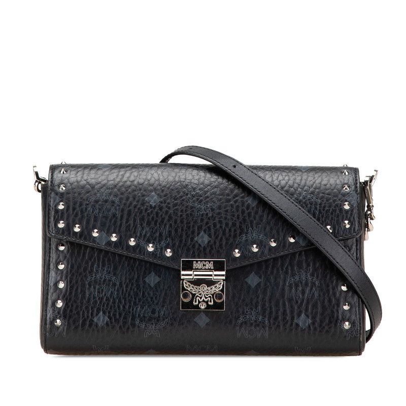 MCM Visetos Logogram Studded Pvc Chain Shoulder Bag Leather Crossbody Bag in Black, Women's