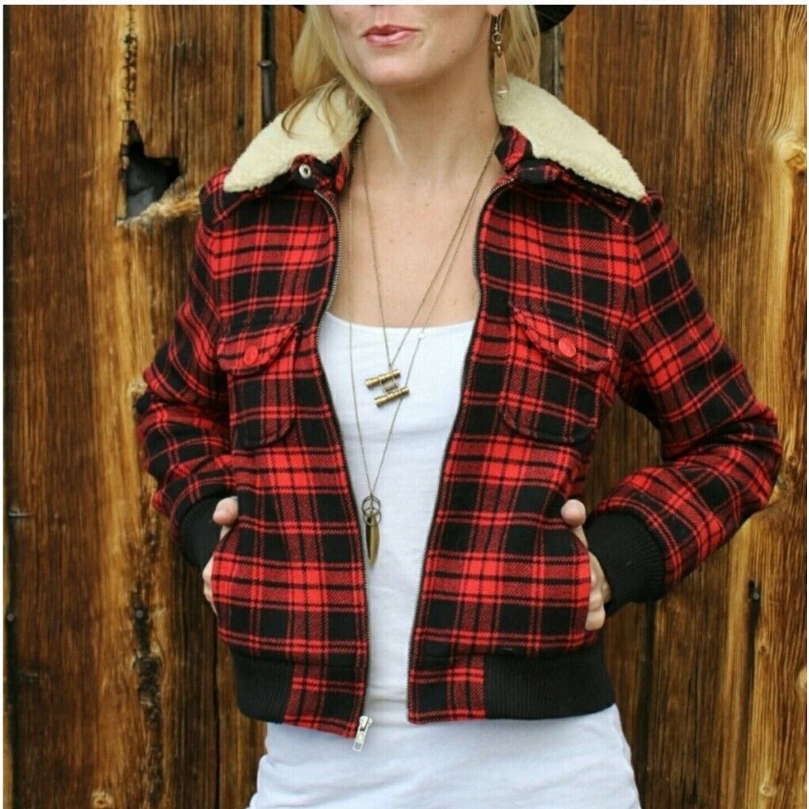 image of Marc Jacobs VTG Blaid Wool Blend Fur Collar Jacket Size M in Red, Women's