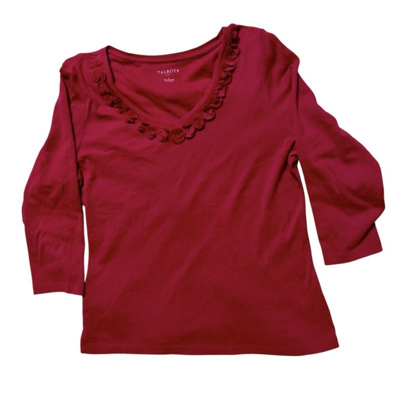 Talbots Talbots Red Ruffle-Trim V-Neck Top – 3/4 Sleeve – Size L Size L / US 10 / IT 46 - 1 Thumbnail