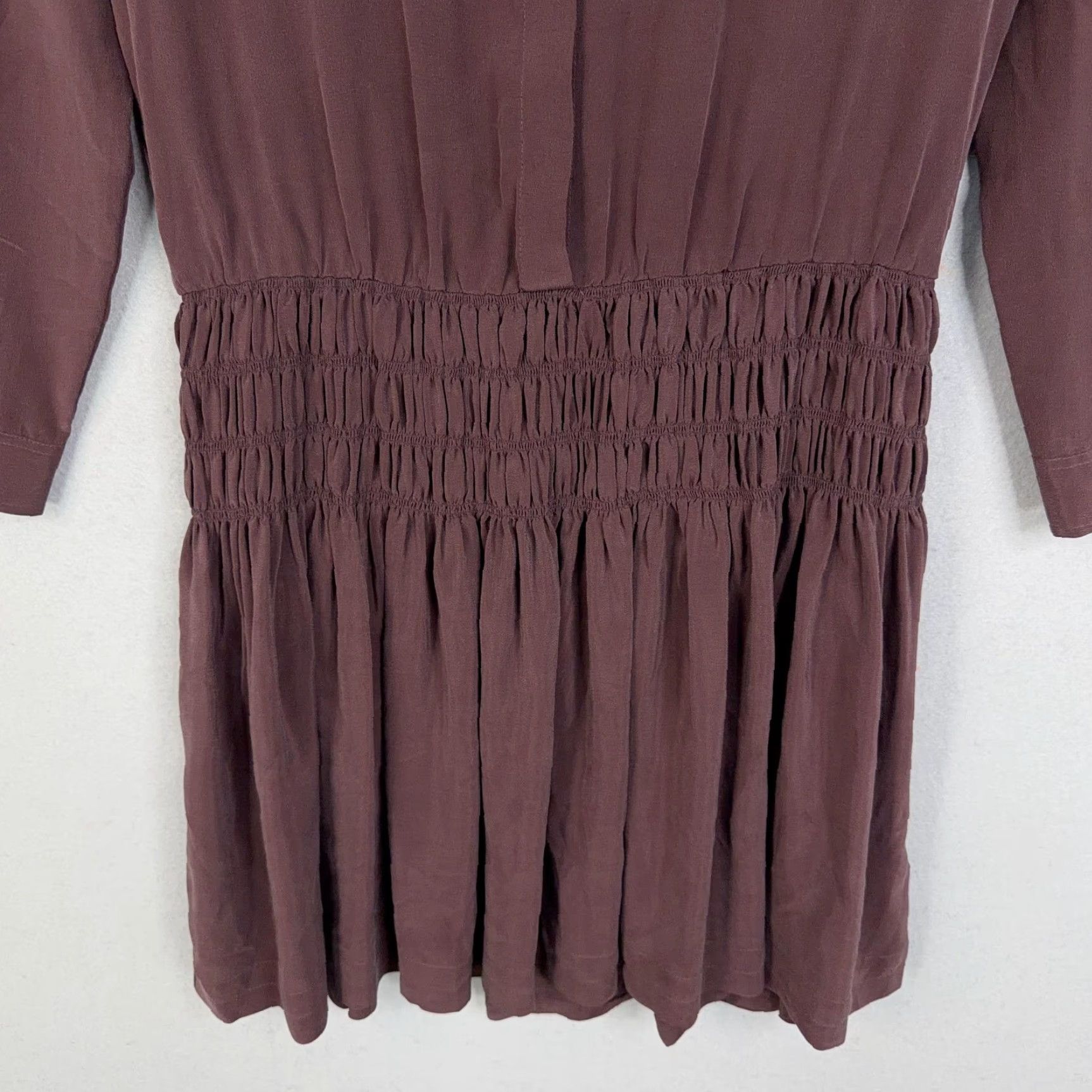 Allsaints AllSaints Dress Shirt Womens 4 Red Burgundy Silk Smocked Mini Button Front Collared Long Sleeve Casual Party/Cocktail Size S / US 4 / IT 40 - 3 Thumbnail