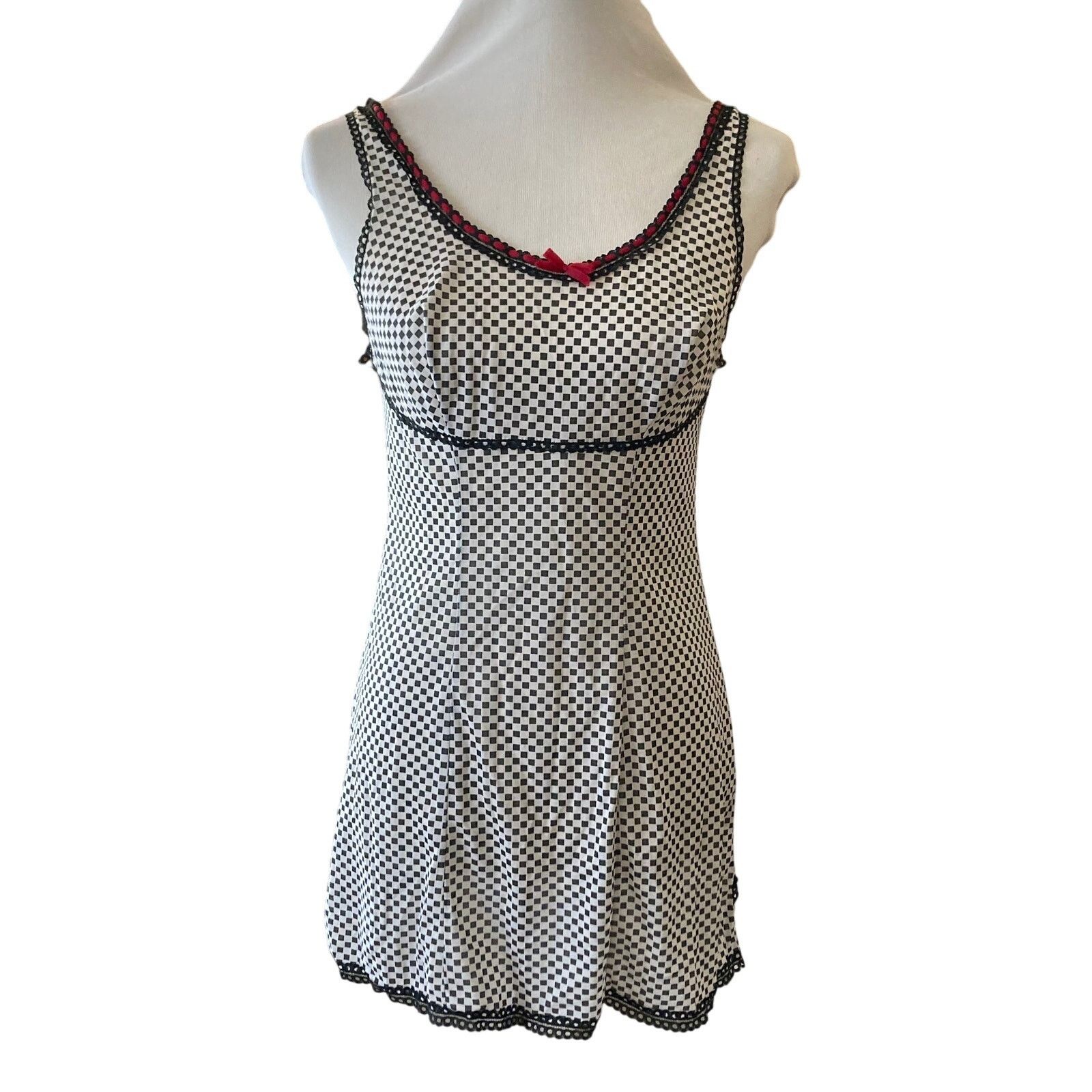 Vintage Black /White Check, Red Ribbon 60s/70s Slip Top, Medium Size M / US 6-8 / IT 42-44 - 4 Thumbnail