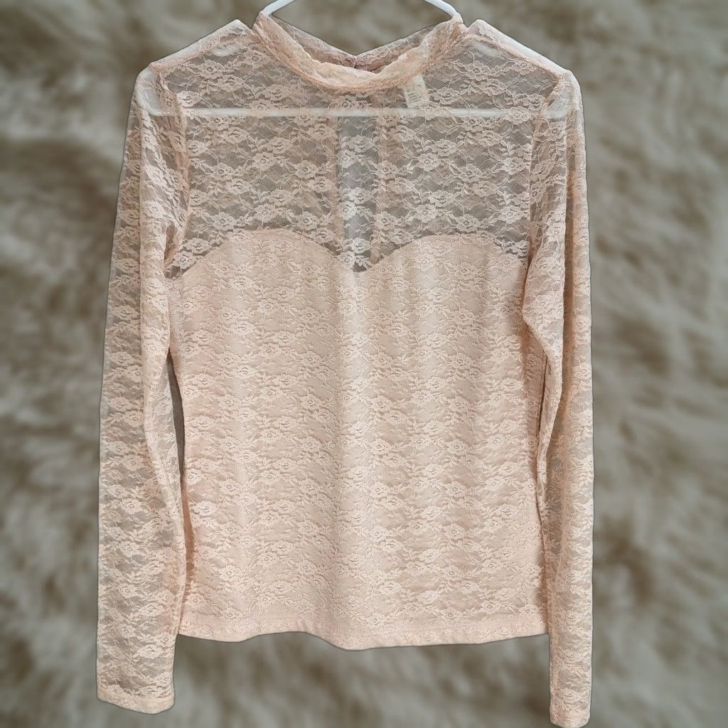 H&M H&M Peach Lace Shirt Blouse Long Sleeve Mock Neck Women Size M Slim Cotton Blend Size M / US 6-8 / IT 42-44 - 1 Thumbnail