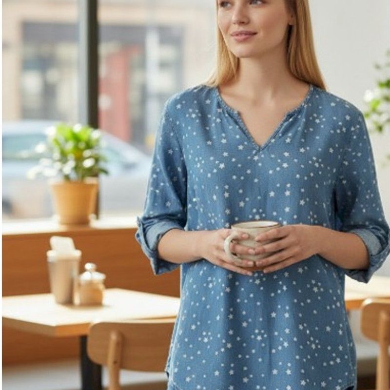Neiman Marcus Philosophy Chambray Shirt Star Hi Low Tunic Roll Tab Tencel Size M / US 6-8 / IT 42-44 - 1 Thumbnail