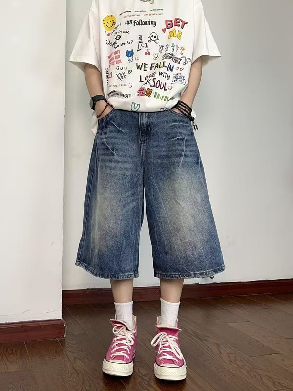 Japanese Brand × Jean American street washed lightning straight denim shorts y2k Size US 32 / EU 48 - 1 Thumbnail