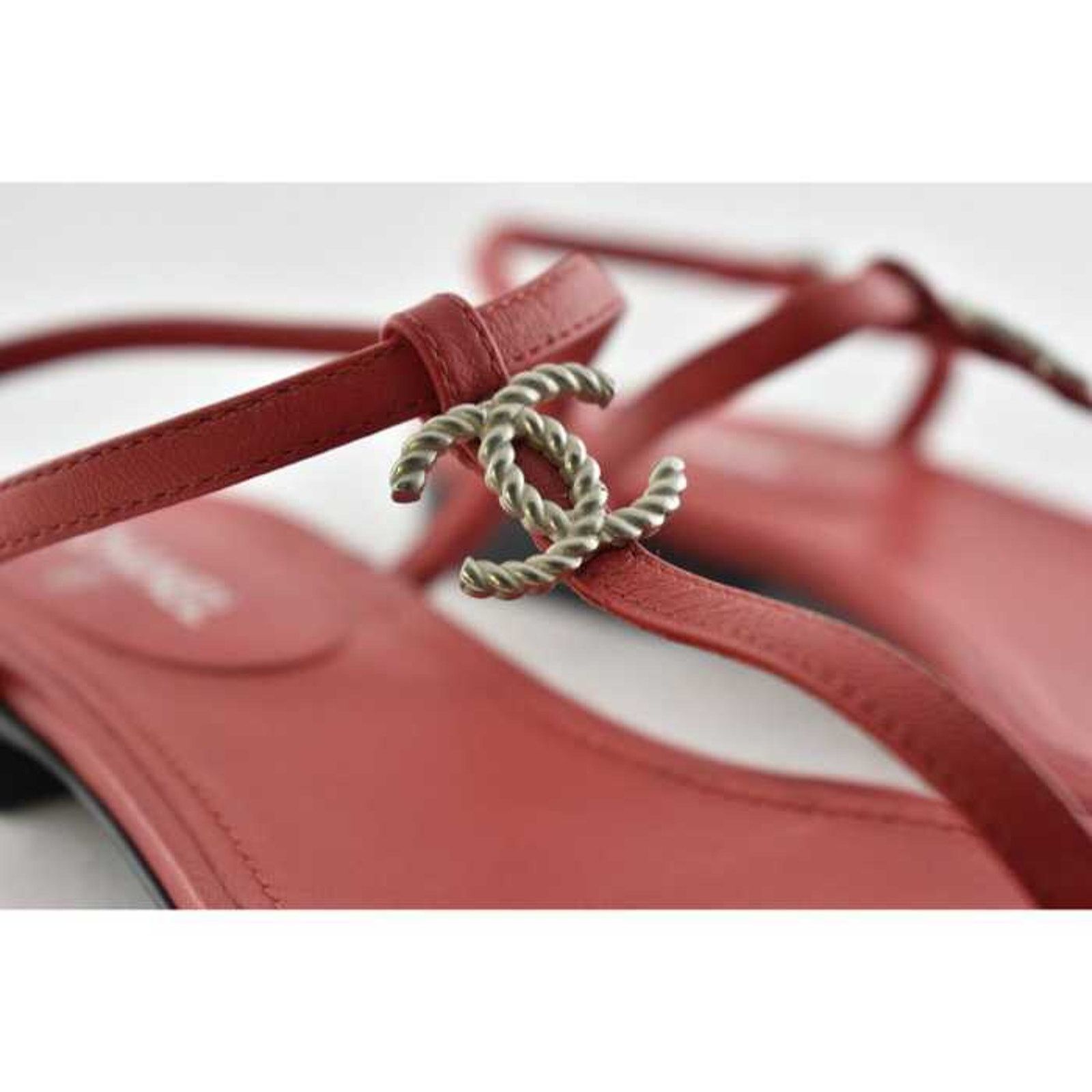 Chanel Chanel 19C Red Leather CC Silver Metal Logo Mule Strap Size US 6 / IT 36 - 3 Thumbnail