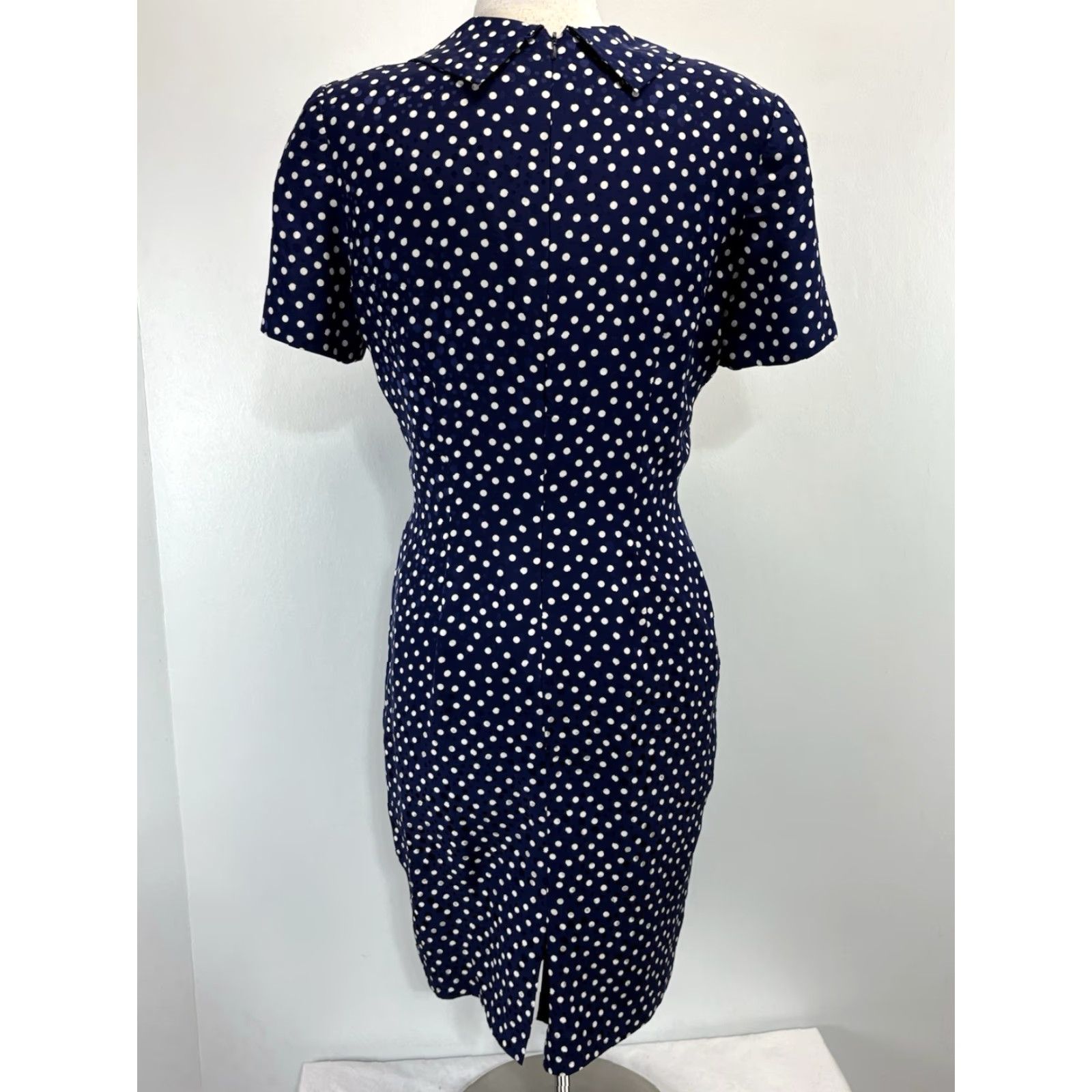Adrianna Papell VINTAGE Adrianna Papell Silk Sheath Dress Navy White Polka Dot 80s Pinup Sz 8 Women Night Party Cocktail Knee Length Size M / US 6-8 / IT 42-44 - 3 Thumbnail