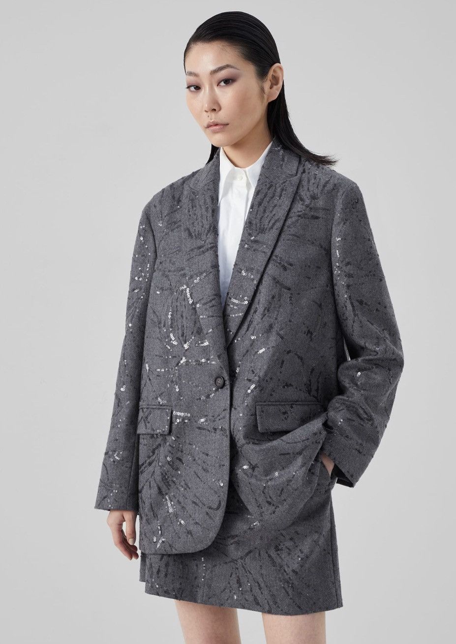 image of Brunello Cucinelli Sequin Embellished Wool Blazer in Grey, Women's (Size Medium)
