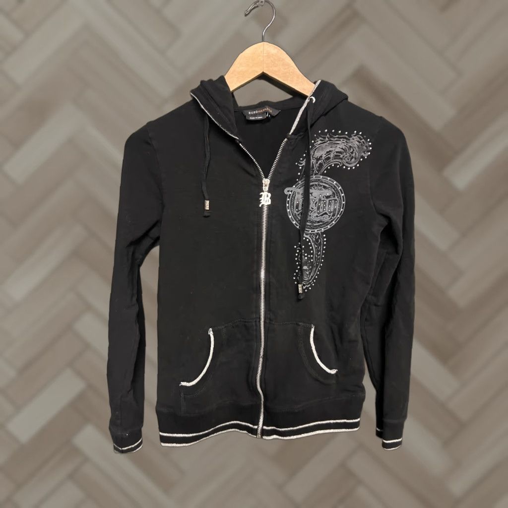 Bcbgmaxazria VINTAGE BCBG WOMENS BLACK GRAPHIC ZIP UP SWEATER S SMALL HOODIE Y2K BLING Size S / US 4 / IT 40 - 1 Thumbnail