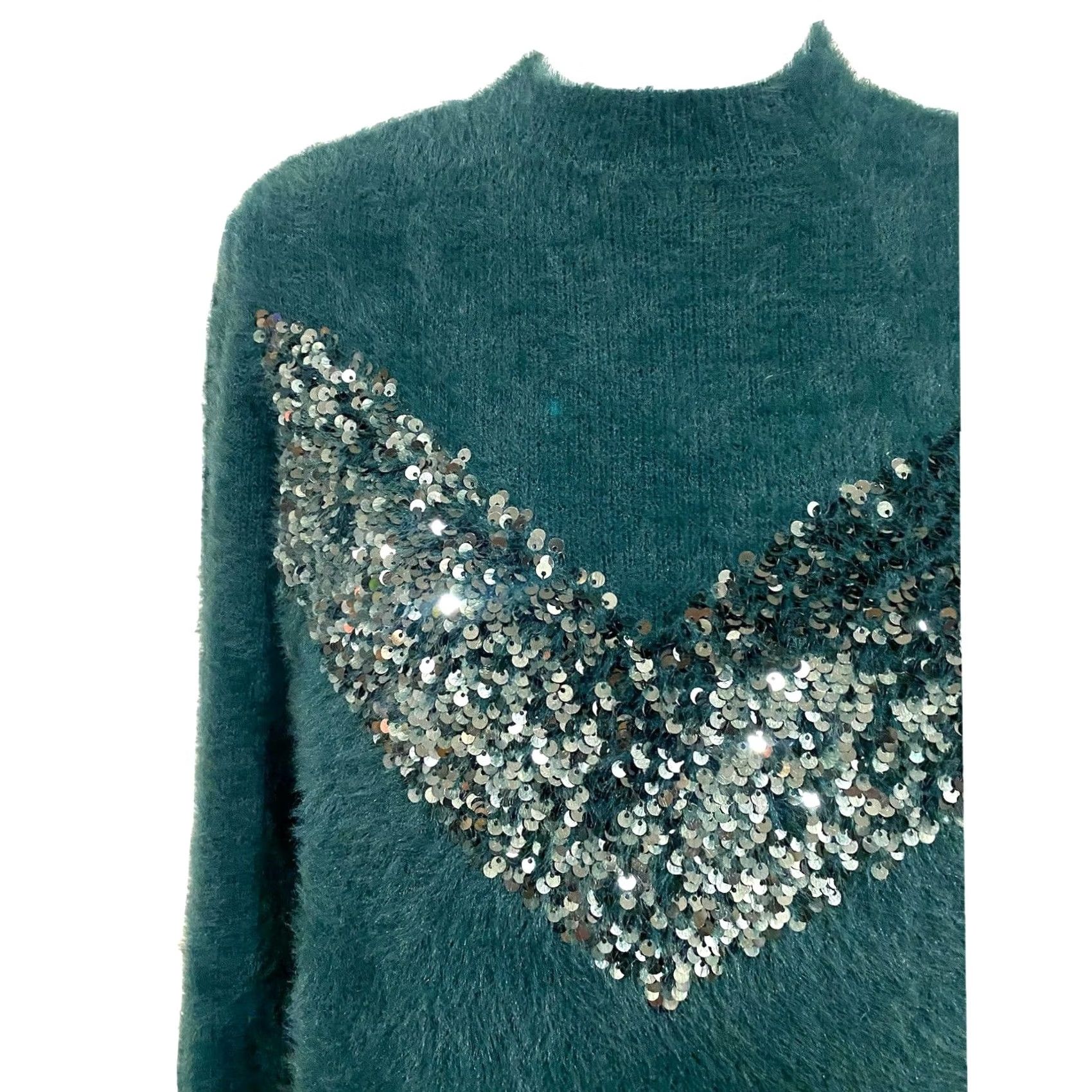 Nine West Cara Santana Nine West Emerald Green Sequin Sweater Fuzzy Soft Women’s Sz M - Pullover Long Sleeve Balloon Sleeve Size M / US 6-8 / IT 42-44 - 3 Thumbnail