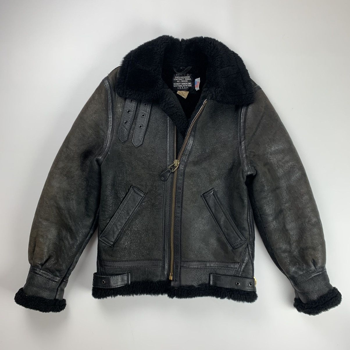 image of Heritage x Schott B-3 Sheepskin Leather Bomber Pilot Jacket in Black/Brown, Men's (Size 2XS)