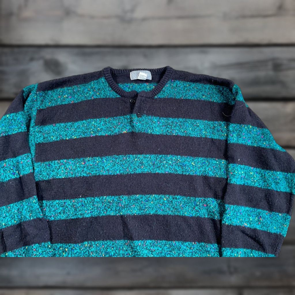 Vintage VINTAGE Chris Sport Wool Blend Chunky-Knit Henley Sweater Adult Large Green Black Striped 90s Mens Size US L / EU 52-54 / 3 - 1 Thumbnail