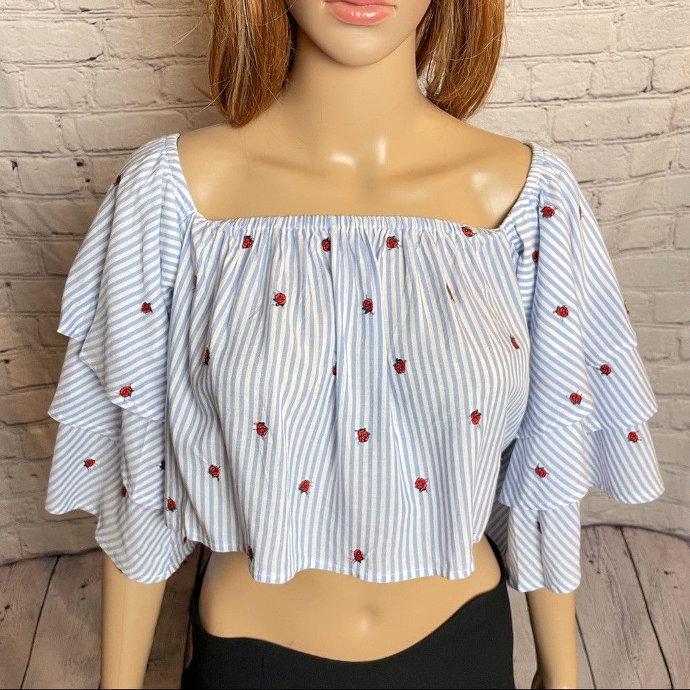 Other NWT New Olivaceous Off Shoulder Crop Top Striped Embroidere Size L / US 10 / IT 46 - 9 Thumbnail