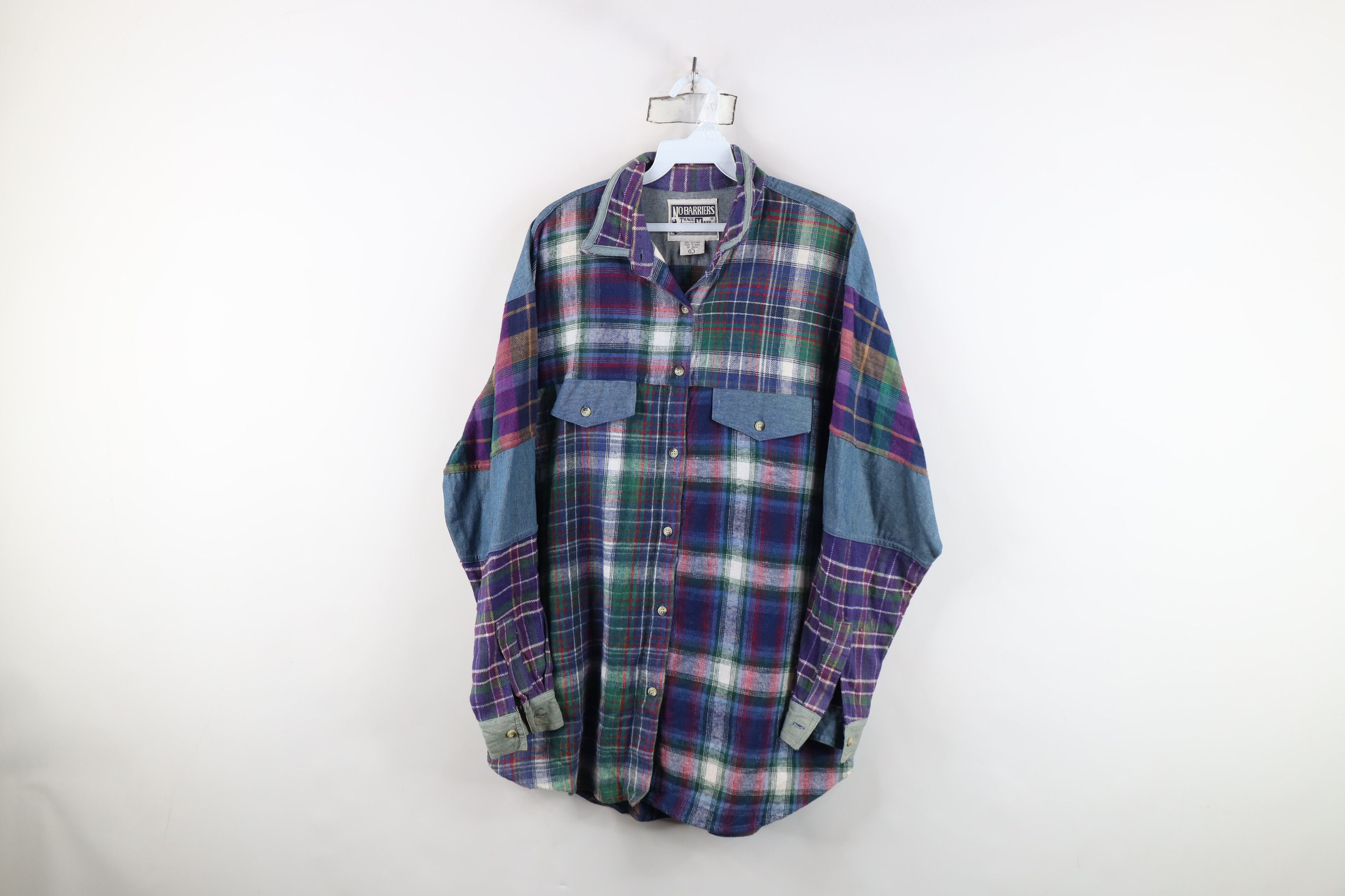 Vintage Vintage 90s Streetwear Denim Trim Flannel Button Shirt Plaid Size L / US 10 / IT 46 - 1 Thumbnail