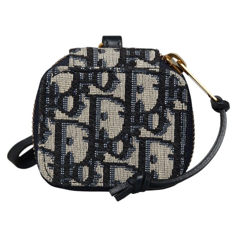 image of Dior Oblique Jacquard Logo Gold Hardware Airpods Earphone Case Navy Canvas Leather in Black, Women'