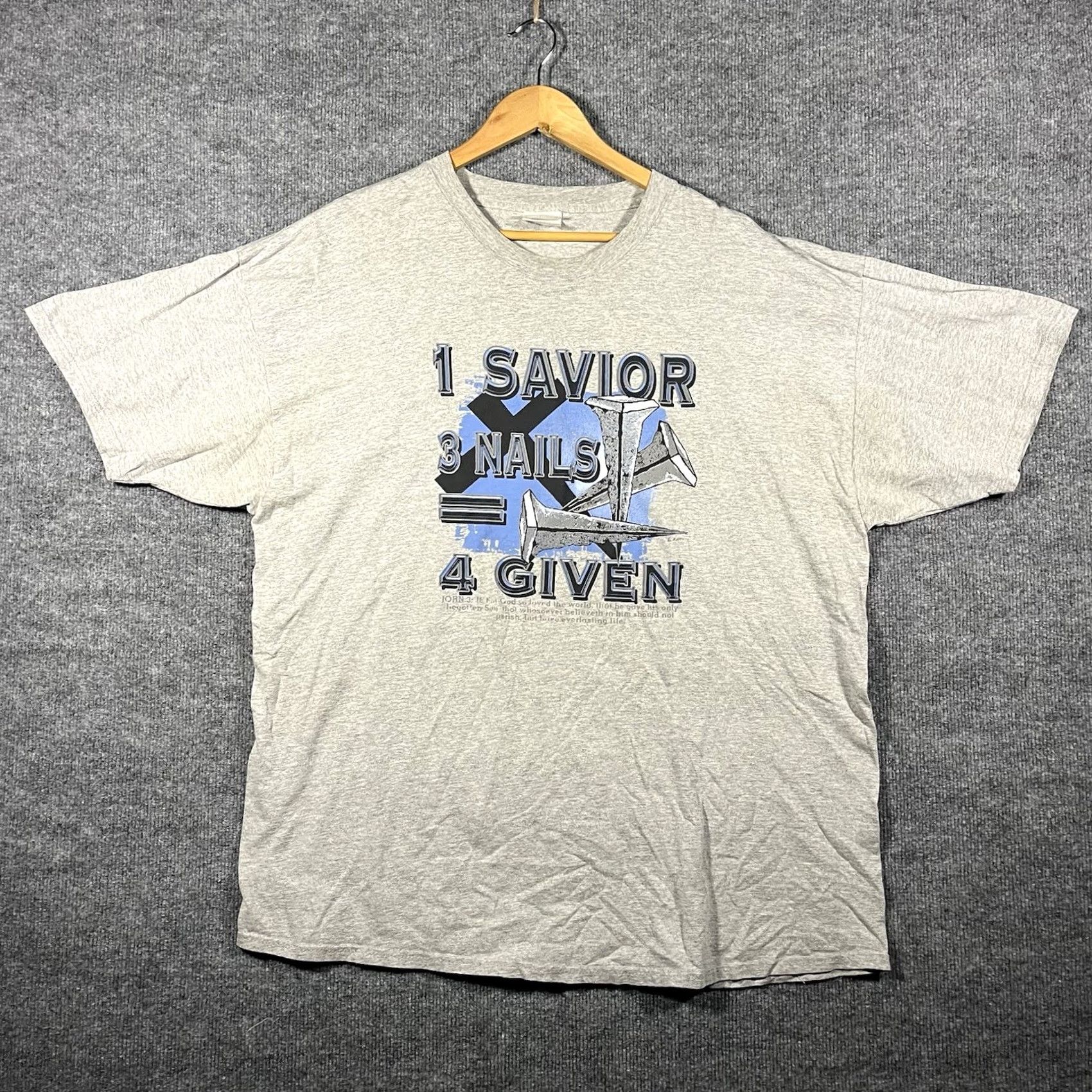 Fruit Of The Loom VINTAGE Fruit of the Loom Shirt Mens 2XL Gray Short Sleeve Crew Neck Jesus 3 Nails 4 Given Christian Faith 90s John 3:16 T-Shirt Size US XXL / EU 58 / 5 - 6 Thumbnail