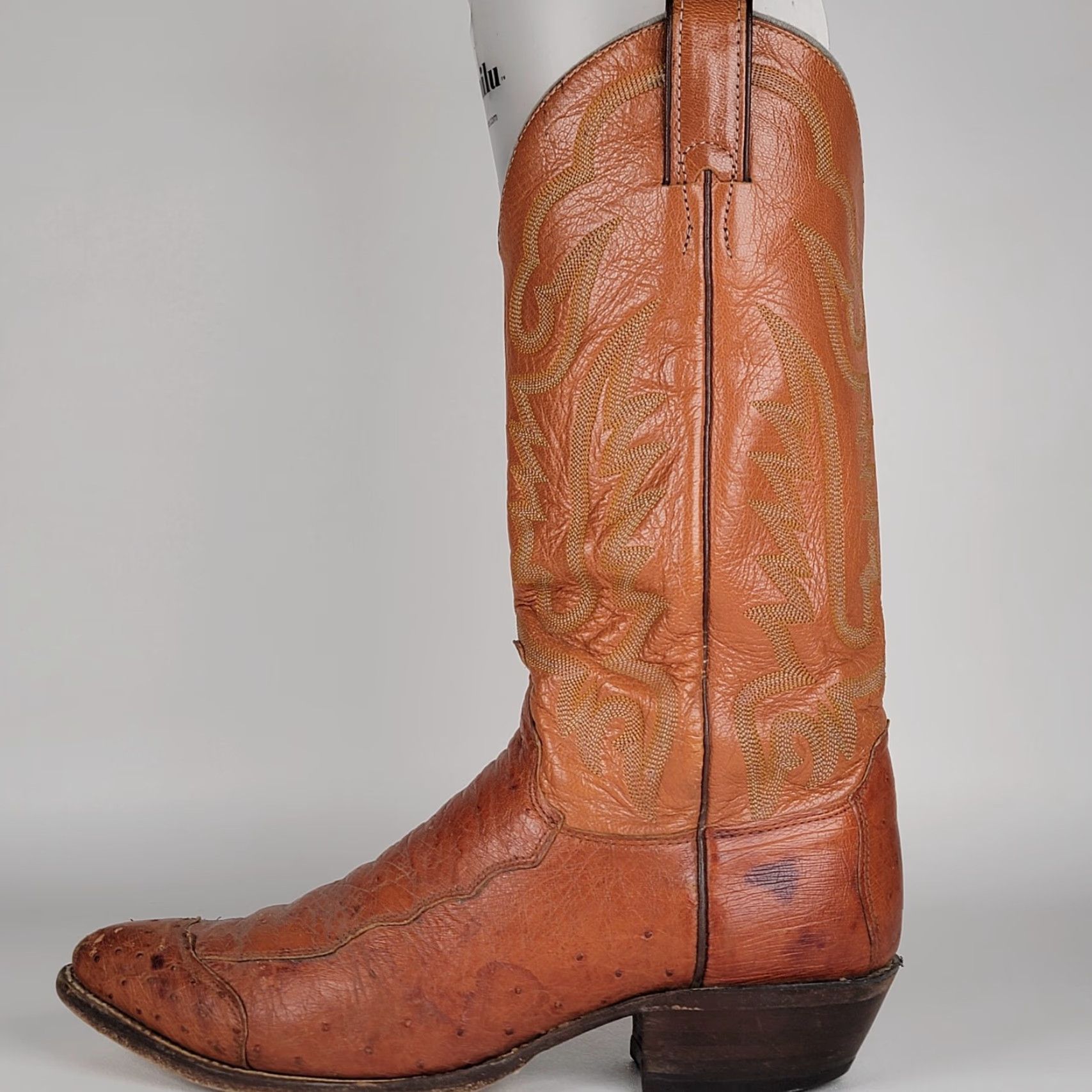 Justin Boots VINTAGE Justin Boots Western Boot J4066 - 9D - Brown - USA - Men - Ostrich Leather - Pull On - Almond Toe Size US 9 / EU 42 - 7 Thumbnail