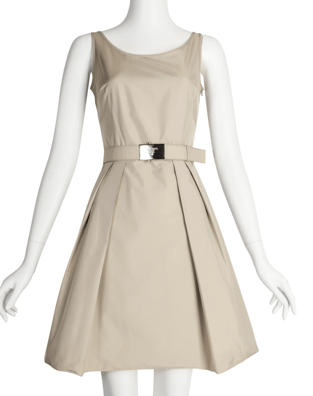 Prada Prada Beige Nylon Fit and Flare Mini Dress with Belt (M) Size M / US 6-8 / IT 42-44 - 9 Thumbnail