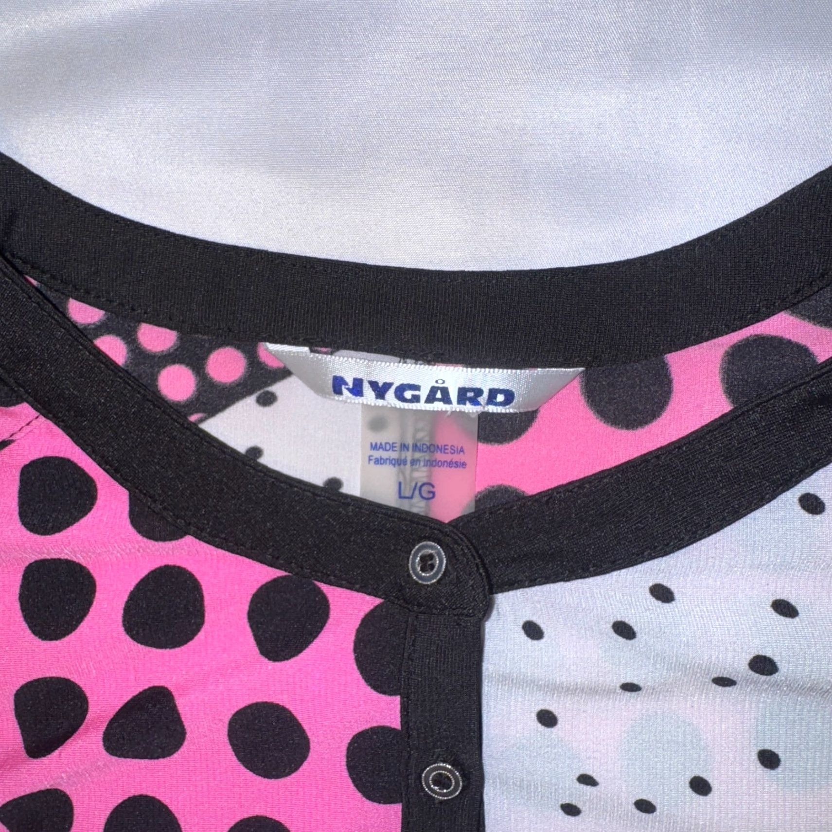 Pinko Nygard Tunic Shirt Women's Polka Dot Button Front 3/4 Sleeve Pink Black White Large L Knit Polyester Elastane Casual Seasonal Size L / US 10 / IT 46 - 2 Thumbnail