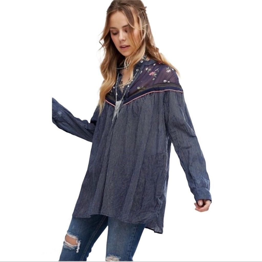 Free People FREE People Blue Hearts and Color Tunic Boho Blouse XS Size XS / US 0-2 / IT 36-38 - 2 Thumbnail