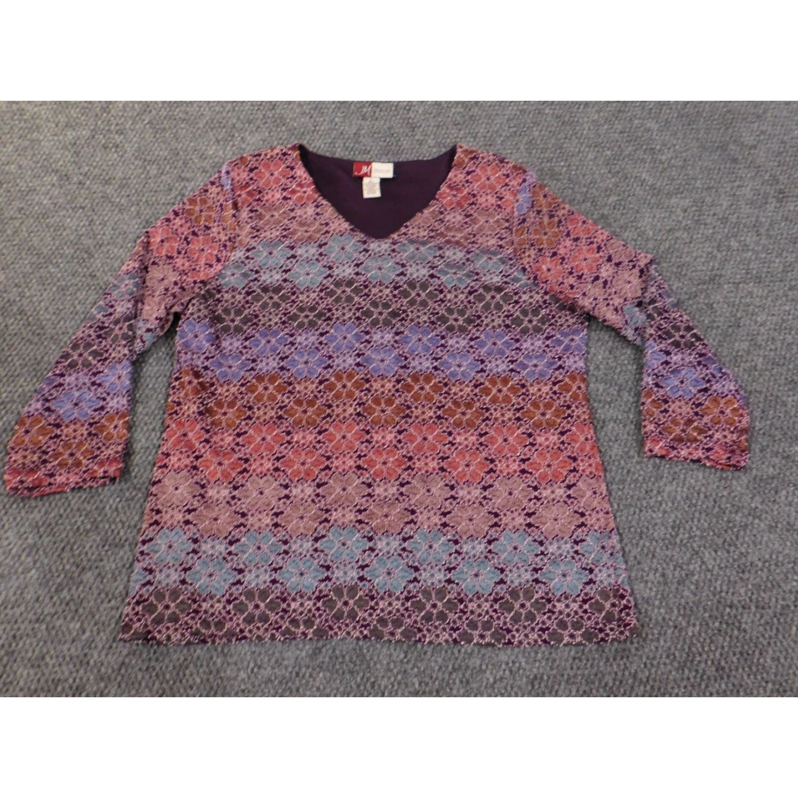 JM Collection JM Collection Blouse Shirt Womens L Purple Geometric Crew Neck Pullover Cap Sleeve Polyester Spandex Rayon Casual Basic Stretch Vintage: No 18-12-23 Size L / US 10 / IT 46 - 3 Thumbnail