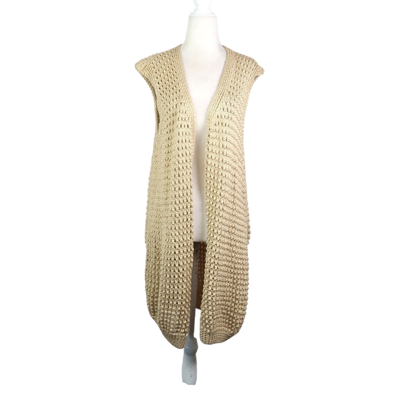 Vintage VINTAGE Tan Crochet Knit Long Cardigan Sweater Vest Duster Handmade Womens M Sleeveless Casual Spring Fall Size M / US 6-8 / IT 42-44 - 2 Thumbnail